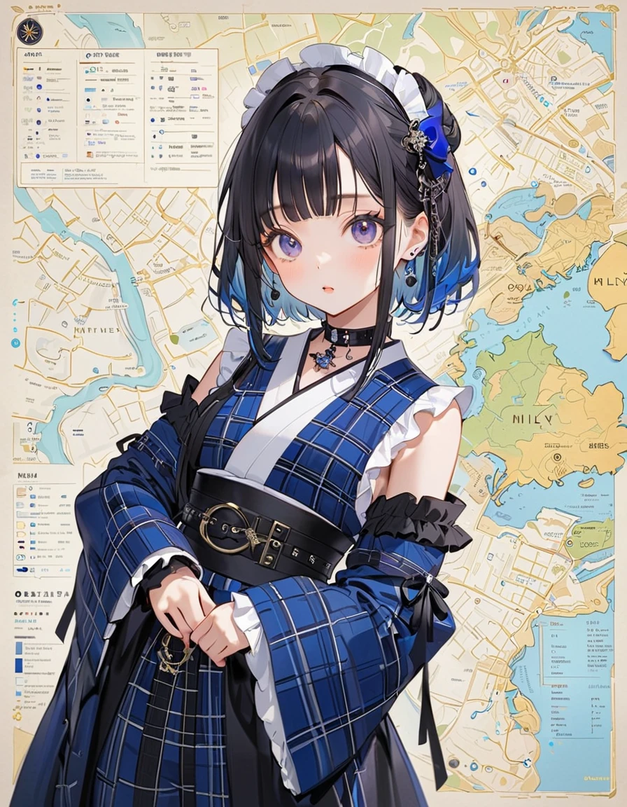 (hui xiyi:1.05), rekkyo sensen, rekkyou sensen, character design with((black hair,  , waving,  close up, (suspenders1.2), (dress:1.2), blue clothes, swept bangs, belt, (frill shirt:1.25), (knit sweater:1.2),  , straps, fur clothes, long hair, (one side up:1.2), nun, long sleeves, (white legwear1.1), (single legwear:1.2), perfect hands, perfect fingers)), (fantasy world:1.2), (garden:1.15), (castle:1.15)