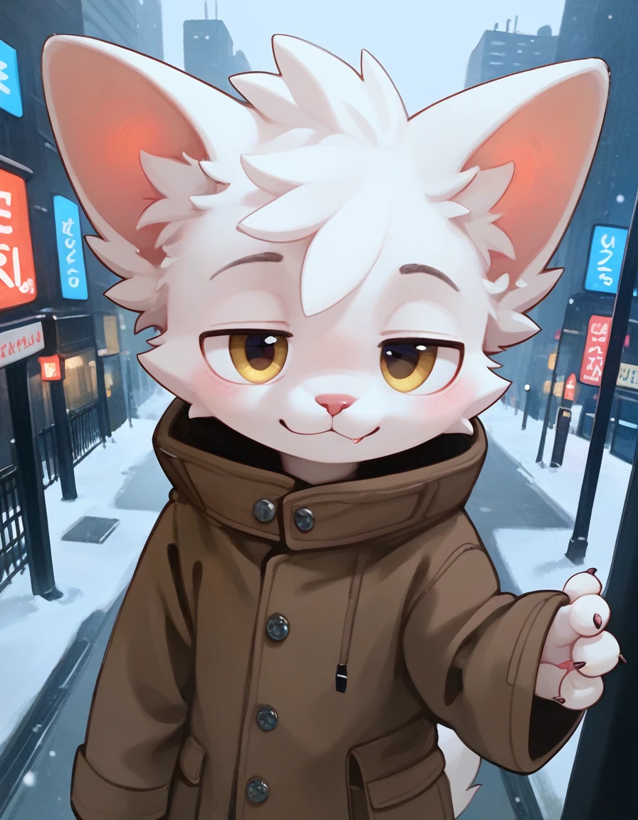 Civet cat, Little Boy, cute, (alone), (((Has brown and white fur))), Big purple eyes, Blushing, smile, Open your mouth, walking, night, Ancient Asian cities, bright street lights, Blue and black slate road, Empty Streets, Starry Sky, Shadow, Detailed  depiction, ((Accurate hand drawing)), レンブラントの光とShadow, Ultra-fine，Completely ，，，Lie，Spread your legs and point your crotch，Embarrassing，Embarrassing表情，