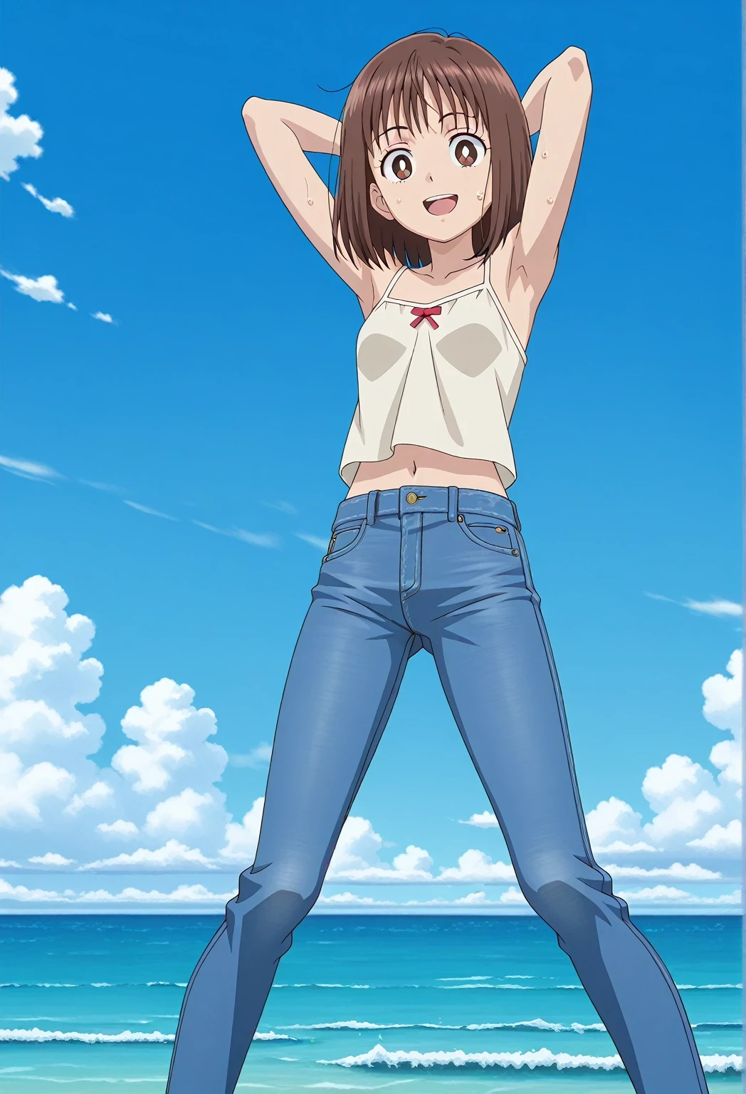 score_9, score_8_up, score_7_up, source_anime, highres, hi res, ((best quality, top quality, perfect quality, Highest Quality, amazing quality)), {{masterpiece}}, {{an extremely delicate and beautiful}}, 2d, intricate details, official style, anime, 8k, anime style, official_anime, official art, digital painting, cell shading, soft shading, high resolution, soothing tones, Subdued Color, Soft cinematic light, adobe lightroom, photolab, HDR, intricately and hyper-detailed, ((high quality animation)), 1 girl, Alone, solo, ((ocean)), tsunami, on the water, day, sunny, outdoors, sky, windy, yosugiww, Nohara Hiroshi's Lunch Style, brown eyes, white pupils, brown hair, medium hair, bob cut, anime coloring, anime screencap, small breasts, light beige camisole top, crop top, light beige crop top, best quality, hyper-detailed jeans, ((blue jeans:1.9)), (dark blue jeans:0.6), medium body, medium shot, Open mouth, small smile, sweat, standing, hyper-detailed arms, ((arms behind head:6.0)), ((perfect arm line:3.5)), ((hyper-detailed arms:2.5)), balance arm, raise elbows, bowlegged, natural stand pose, action, looking at viewer, spread legs, Bend knees slightly, from below