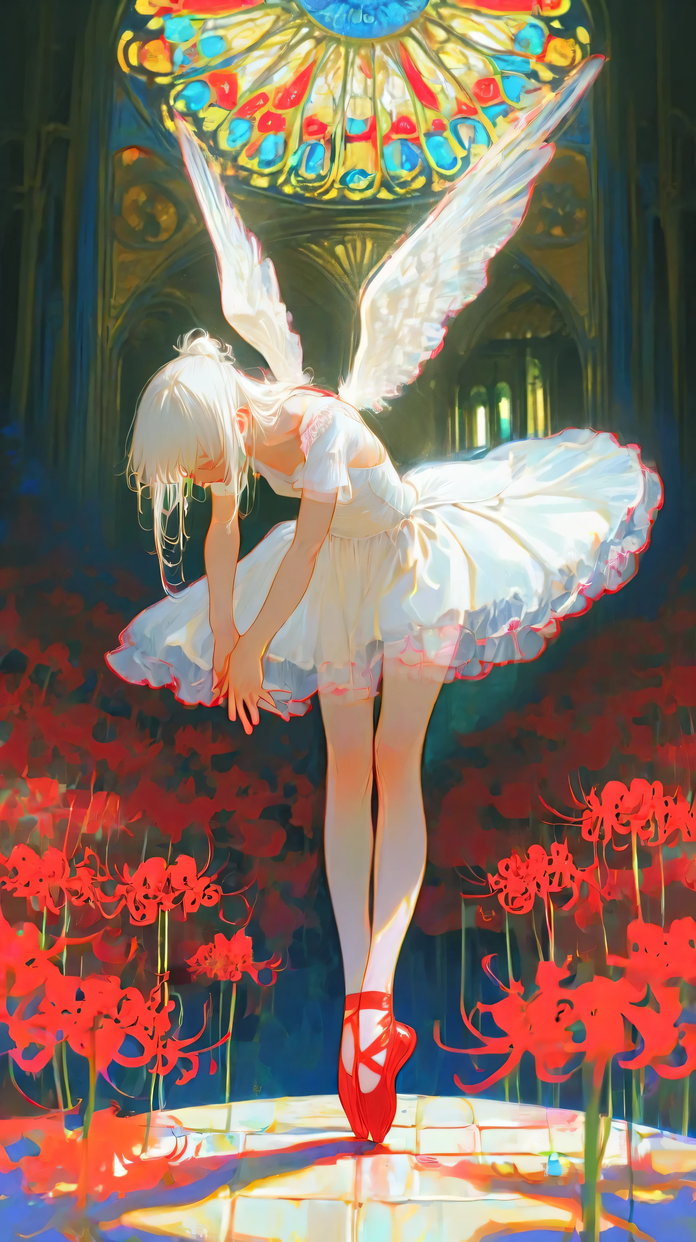 A girl in big red shoes is dancing ballet　Boy Holds with Both Hands　tears　Sad Atmosphere　zoom out　church　Beautiful light shining through stained glass　Thinning　medieval Europe　　Immersive Perspective　high quality　detailed shadows　　Conspicuous Red Shoes　Detailed and realistic light　　white clothes　ballerina　Red spider lily　detailed background　anatomically correct　Angel on the tip of an outstretched hand