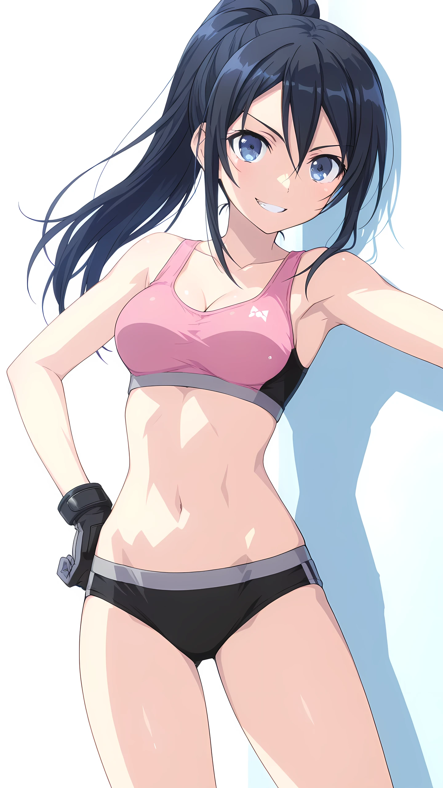 A beautiful girl with beautiful legs and shoulder-length hair tied with a ribbon in a wisteria-purple ponytail is wearing gym clothes with white tops and navy blue panty-like bottoms with white lines on the sides. standing on the playground。