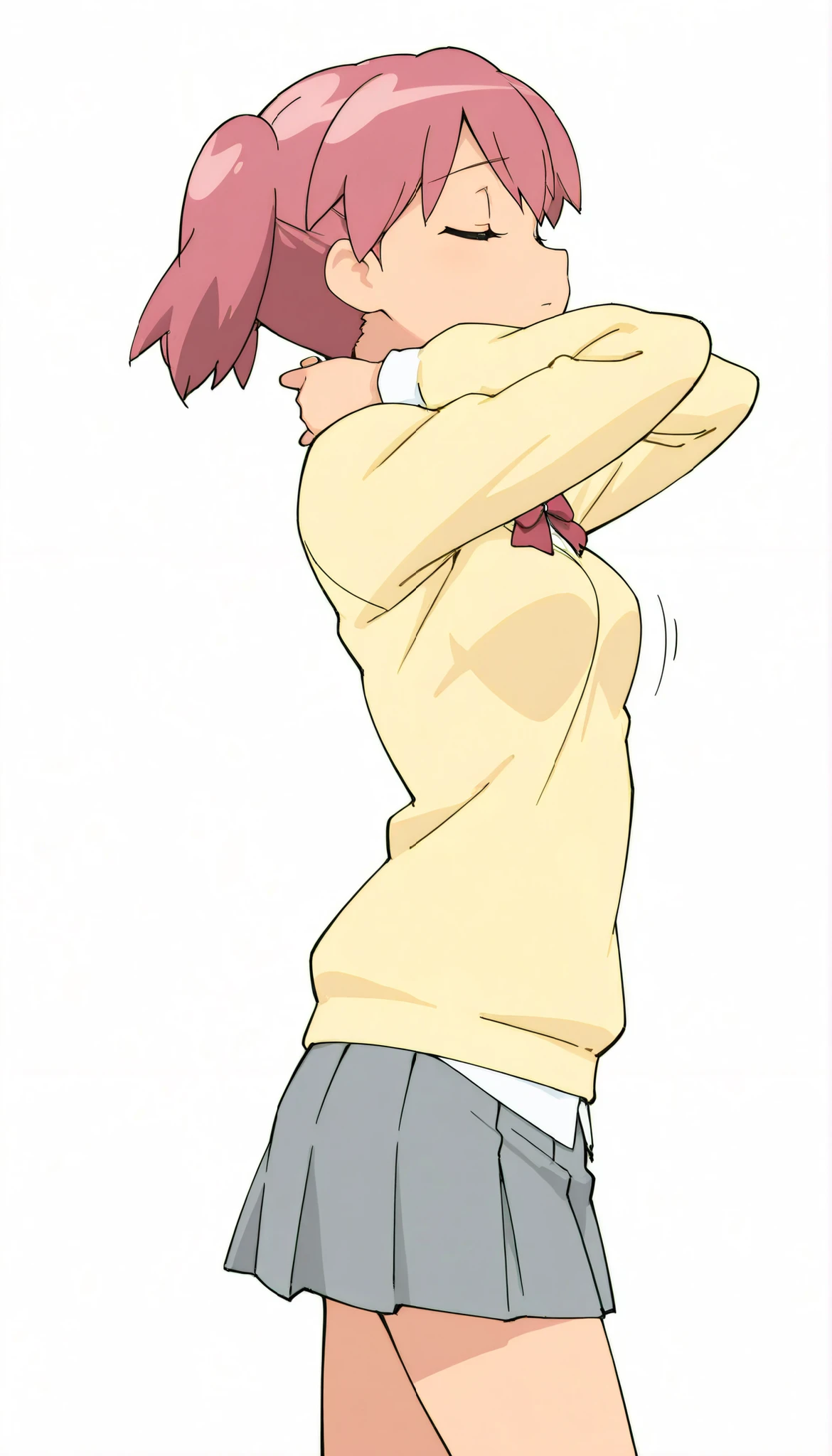 { score_9, score_8_up, score_7_up, } { { } } { masterpiece, high quality, best quality, highres}
BREAK
[ (Sgt. Frog/Keroro Gunso)_Artstyle_LoRA  : hentai_Artstyle_Lora :   : NSFW ,  ]
BREAK
[ solo, 1girl, natsumi hinata, short hair, twintails, pink hair, 
[ yellow sweater, short sweater, white shirt, longsleeves, red bowtie, grey skirt ] [ young,  perfectly fit body, , medium breast ] [  standing, indifferent expression, side view, hands behind neck, closed eyes, potrait, motion lines ]
BREAK
[ White background , blank background, alone ]