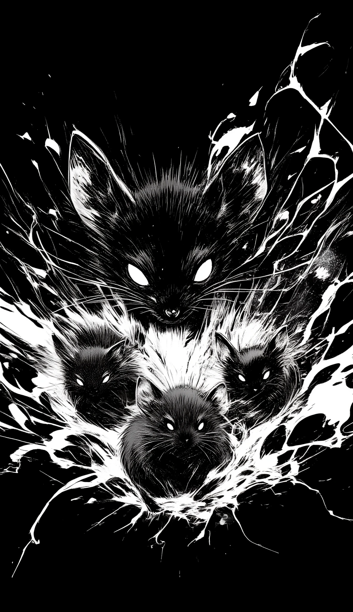 black、black、black、blackい背景、力強く勢いのあるblackい線画、blackの濃淡で表現する、A few mice staring at me、whole、high detail、cross hatching、High Quality、high image quality、Osmudging Outline、流れるblack、masterpiece