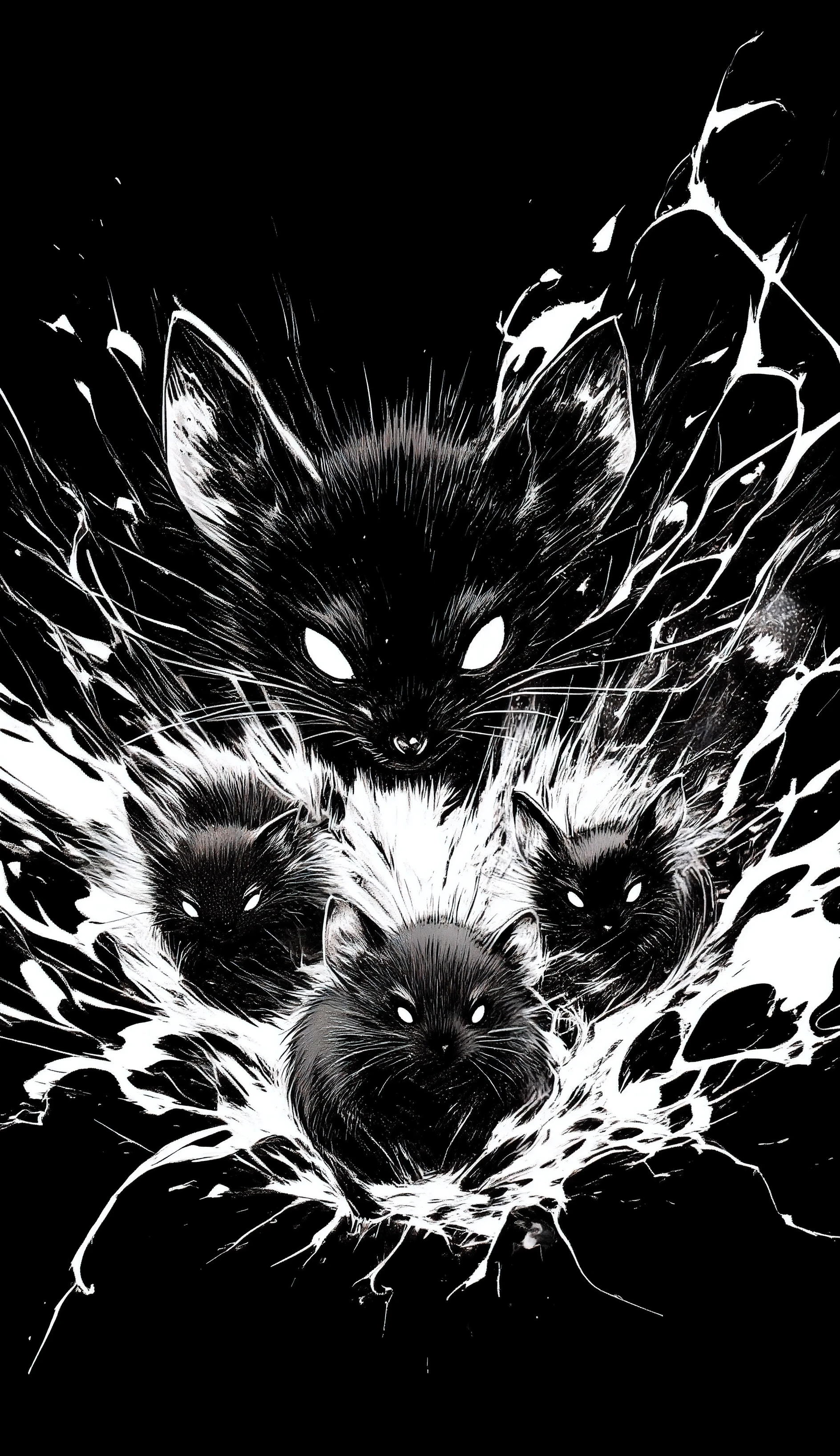 black、black、black、blackい背景、力強く勢いのあるblackい線画、blackの濃淡で表現する、A few mice staring at me、whole、high detail、cross hatching、High Quality、high image quality、Osmudging Outline、流れるblack、masterpiece
