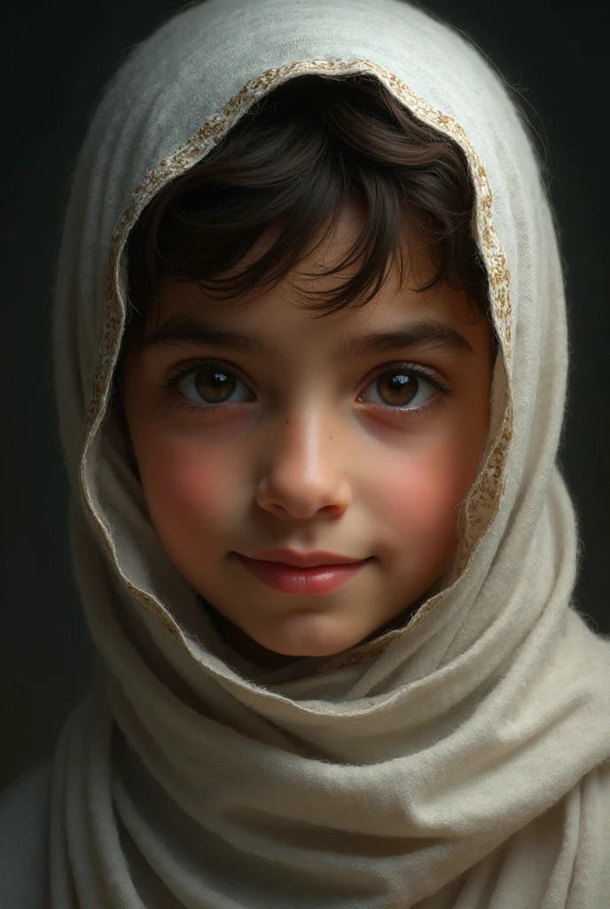 A seven-year-old Muslim girl with shining eyes, wearing modest clothes, looking peaceful with a heart full of faith.