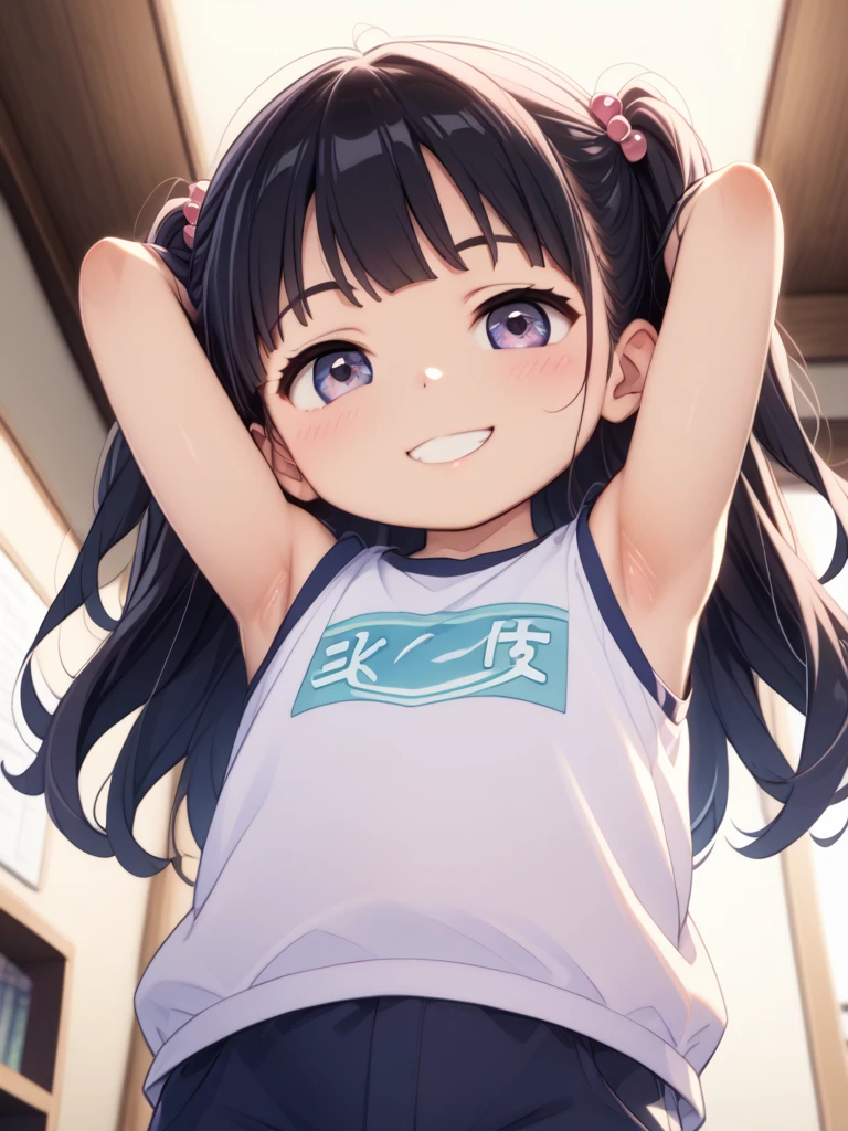 ((masterpiece, best quality)), high resolution,ultra detailed,8k,16k,detailed background, perfect lighting,detailed beautiful eyes, 1girl,solo,embarrassed,blush,,look at viewer,face focus,(steam,sweat,from front,upper body:1.2),provocative eyes,wavy mouth,:d,fisheye lens,(show off armpits,arms up:1.3),(slender,kawaii),(nishino flower,purple eyes,horse ears,hair band,black hair,short hair,small ,little body,short_body,flat color),blue school 