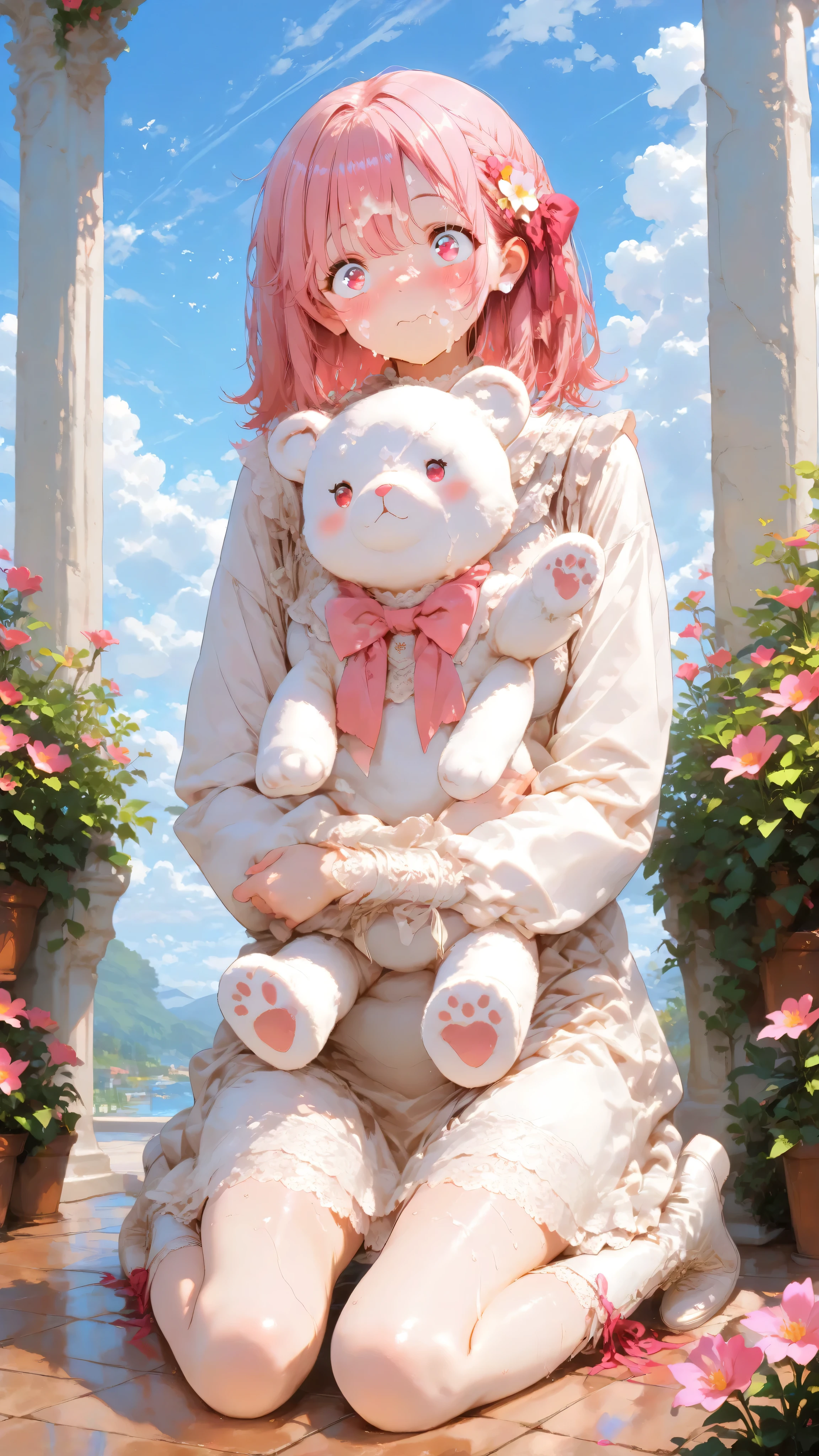 Detailed facial details,smooth and soft skin,PINK HAIR,(masterpiece after , best quality:1.2), 1 girl, solo, (holding a cute white teddy bear), ((a cute teddy bear)), 1 cute teddy bear, holding a cute white plush toy, cute round eyed teddy bear, fluffy , Sky,flower,Full Body,