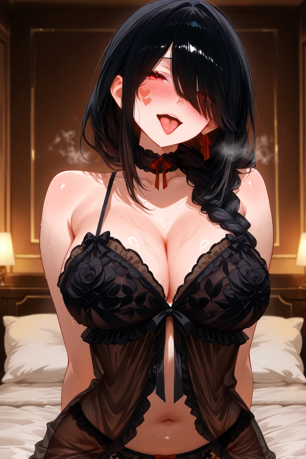 Highest quality, High resolution,8k， One girl、On the sofa、（（The girl is ?????????? in the squatting position）），????? shaking violently up and down、A large amount of ????? is applied、Ecstatic face（Worried brow）、??????、Sweat（1.9）、steam、Black Hair（）, Big eyes、Red eyes, Long Hair, Mole under eye, ????????????（1.9）, bangs, Cleavage, clavicle,Big ????， indoor, Blue Archive（anime、Hasumi Hakawa、Black knee-high stockings、garter belt、Black gloves、Black Micro ??????（Exposed ???????））、｛A close-up of the head from directly above｝ 　　　　　　　One Black Man，Big ?????，（A man has ??? with a girl in ????????????????）