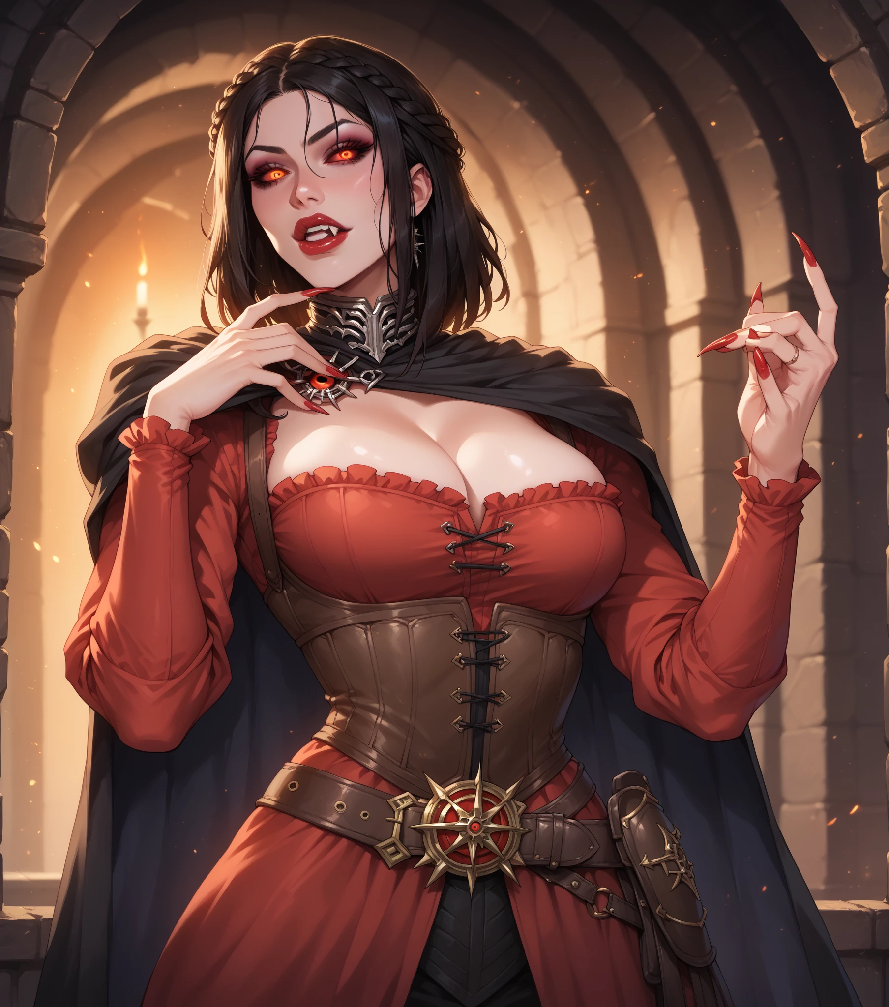 sorceress. sexy red robe, black , black hair, blank background