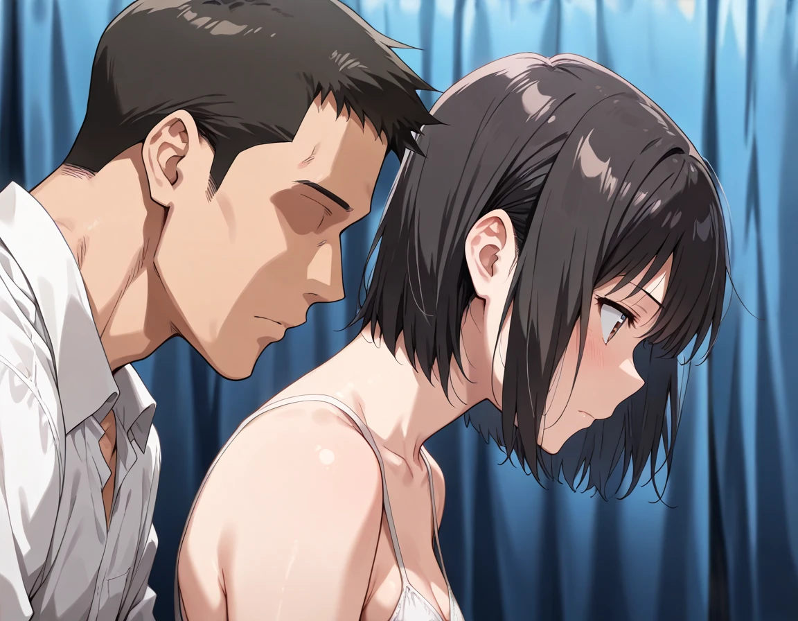 shinkai makoto, kimi no na wa., couple, 1boy, buzzcut, , muscular, boy is caressing girl's body, hug, face to face, kissing cheek, 1girl, bangs, black hair, brown eyes, twisted half up hair, red ribbon, long hair, white cardigan, off shoulder cardigan, , , medium , , pink , navel, indoors, bedroom, indoors, night, masterpiece, perfect , cowboyshot