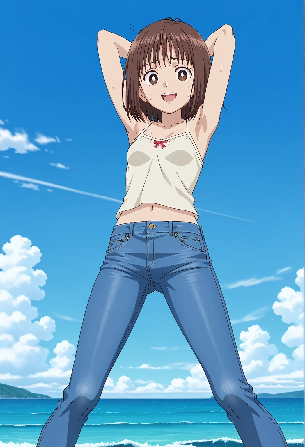 score_9, score_8_up, score_7_up, source_anime, highres, hi res, ((best quality, top quality, perfect quality, Highest Quality, amazing quality)), {{masterpiece}}, {{an extremely delicate and beautiful}}, 2d, intricate details, official style, anime, 8k, anime style, official_anime, official art, digital painting, cell shading, soft shading, high resolution, soothing tones, Subdued Color, Soft cinematic light, adobe lightroom, photolab, HDR, intricately and hyper-detailed, ((high quality animation)), 1 girl, Alone, solo, ((ocean)), tsunami, on the water, day, sunny, outdoors, sky, windy, yosugiww, Nohara Hiroshi's Lunch Style, brown eyes, white pupils, brown hair, medium hair, bob cut, anime coloring, anime screencap, small breasts, light beige camisole top, crop top, light beige crop top, best quality, hyper-detailed jeans, ((blue jeans:1.9)), (dark blue jeans:0.6), medium body, medium shot, Open mouth, small smile, sweat, standing, hyper-detailed arms, ((arms behind head:6.0)), ((perfect arm line:3.5)), ((hyper-detailed arms:2.5)), balance arm, raise elbows, bowlegged, natural stand pose, action, looking at viewer, spread legs, Bend knees slightly, from below