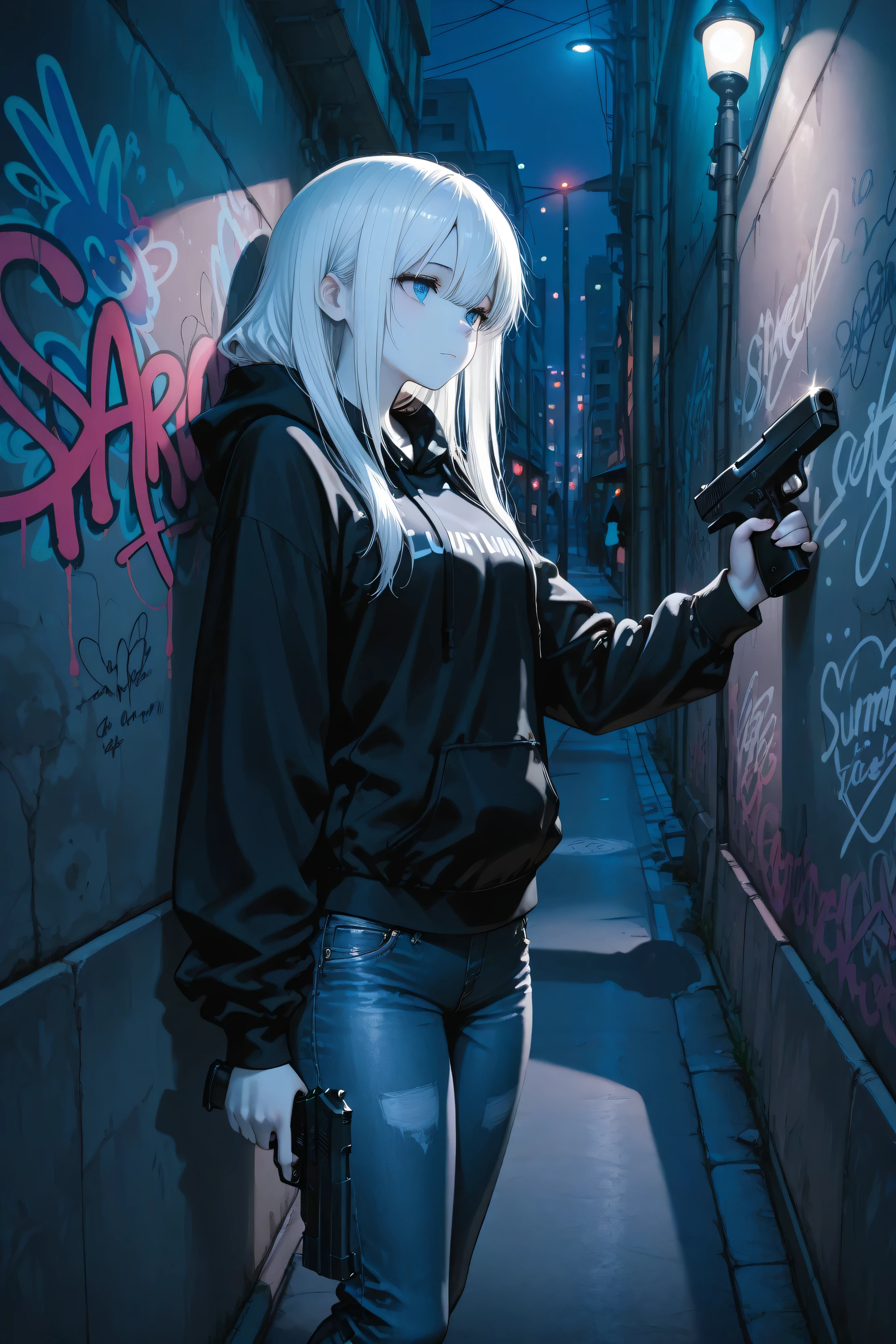 masterpiece, best quality, photography, ultra high resolution, faded color, an anime girl, cute face, slender body, pale skin, handgun, gun aimed, (Hold the gun with one hand), blue eyes, absolutely white hair, long hair, straight hair, black hoodie, long jeans, graffiti, urban, slum, night, night time, concrete wall, shadow, detailed eyes, cute eyes, street light, monochrome