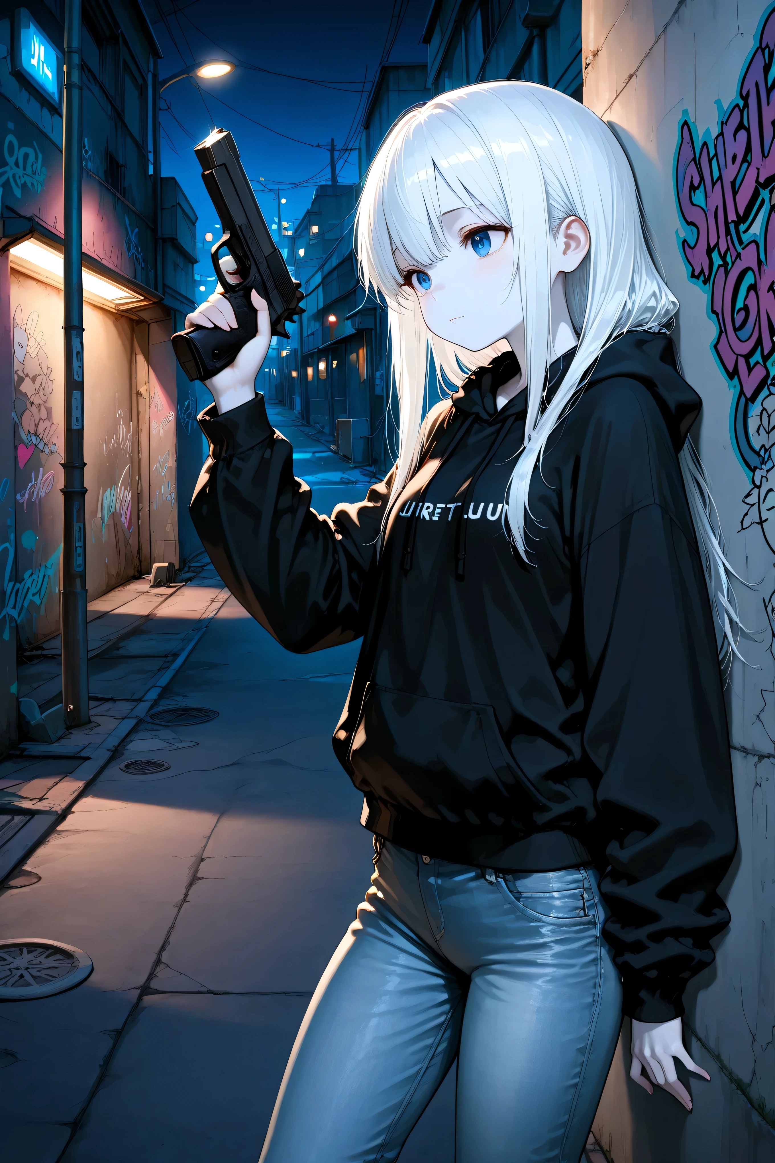 masterpiece, best quality, photography, ultra high resolution, faded color, an anime girl, cute face, slender body, pale skin, handgun, gun aimed, (Hold the gun with one hand), blue eyes, absolutely white hair, long hair, straight hair, black hoodie, long jeans, graffiti, urban, slum, night, night time, concrete wall, shadow, detailed eyes, cute eyes, street light, monochrome