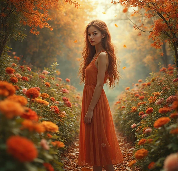 A woman in red gown running over a huge chess board placed in a field of carrots, surrounding birds flying and butterflies, (HDR quality 4k, 8k, high quality)