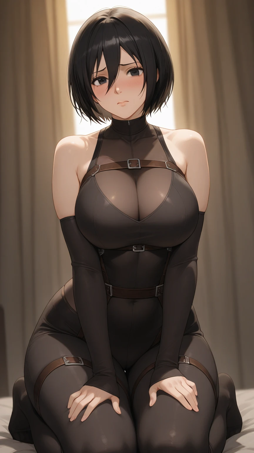 1 girl(YoRHa 2-gou B-gata "2B" - Nier: Automata), (black blindfold:1.5), black hairband, blindfold, hairband, short hair, white hair, beautiful detailed lips, extremely detailed face, longeyelashes, detailed skin, slender  body, toned skin, sharp facial features, high cheekbones, long elegant legs, crouching pose, (best quality,4k,8k,highres,masterpiece:1.2),ultra-detailed,(realistic,photorealistic,photo-realistic:1.37),cinematic lighting,dramatic lighting,dramatic shadows,high contrast,chiaroscuro,moody,sensual,,