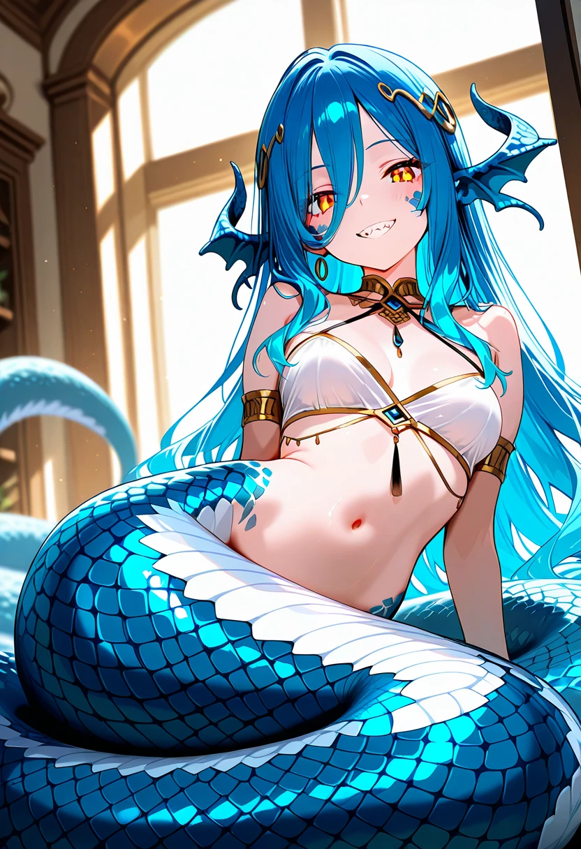 (ultramarine dull blue hair),(Long curled hair),(Red Eyes),Slight red tide,((A dark cave-like place surrounded by rocks)),((A row of lanterns emitting pale blue light)),(dragon feather hair ornament、About the horns of the head。),((tusk)),(Bold costumes that show off your chest),((The lower body is a dragon'tail)),((Snake-like lower body like a mermaid)),(a person々takeout),((Tiamat)),(smiling slightly),((Looking at me shyly)),(NSFW),