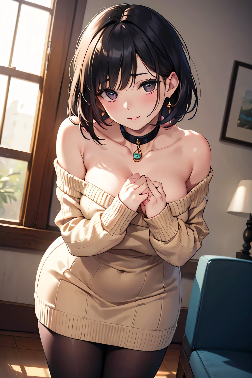 (((masterpiece))),(((High resolution)))、(((8K)))、(((perfect face)))、(((beauty of japan)))、40 years old、(((beautiful face))), (((girls room))), ((off shoulder sweater)), (()), tights, embarrassed look, look at the camera, top quality eyes, detailed texture, look at the camera, all body, big tits, chuby, plump, cool girl, wife