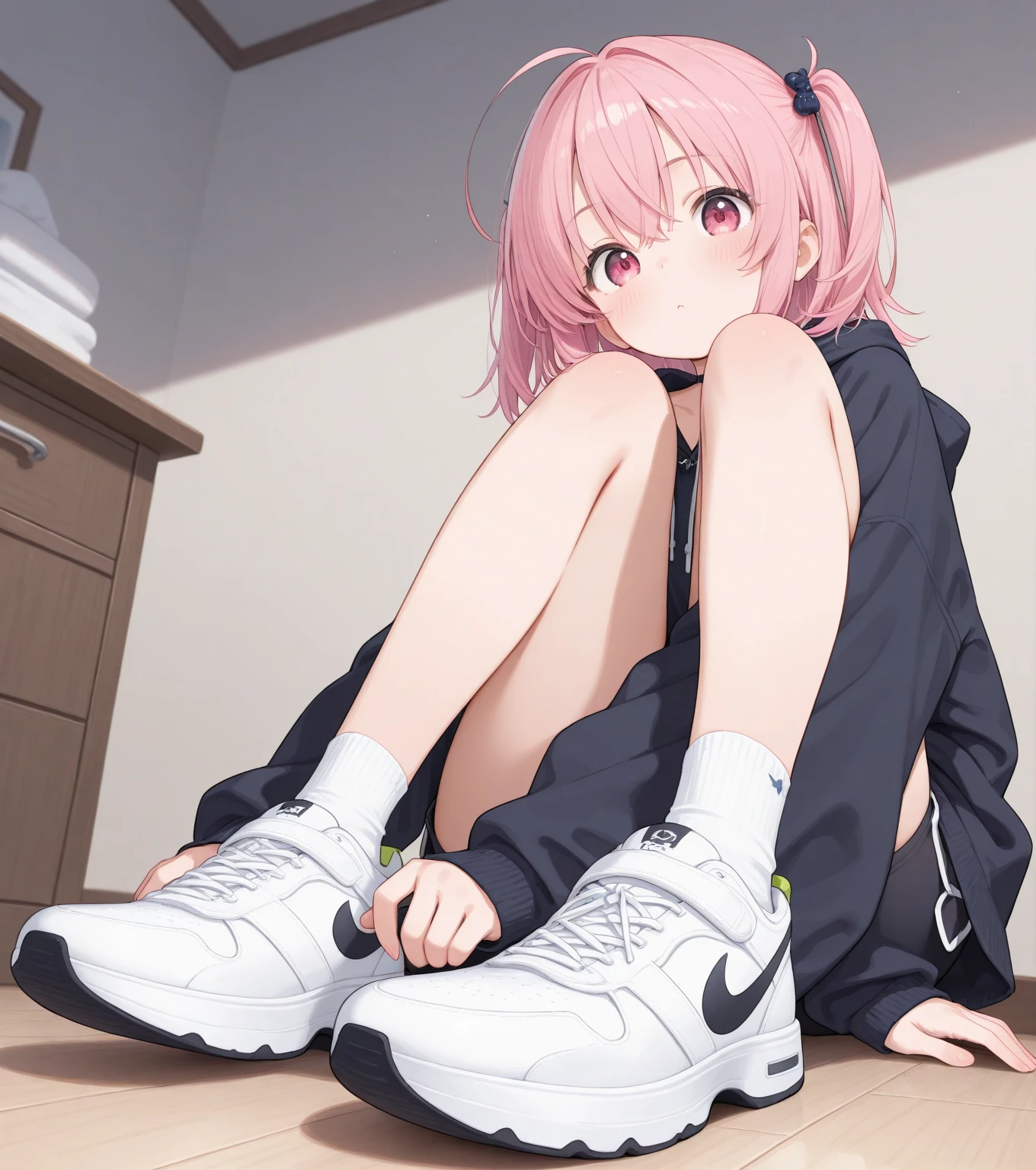 One girl,一人in,puniru,woman ,Tentacle hair,Blunt bangs,short hair,Light purple hair,Printed T-shirt,denim_Shorts,socks,sneakers,bandage one's knee,Slime,school bag,Backpack,,Yellow robin,hin,Looking_in_Audience,Wicked Smile,Anime Coloring,Anime screenshots、Hold a  in your mouth、A defiant smile、Lifting her skirt, a dark alley、Sit on the air conditioner's outdoor unit