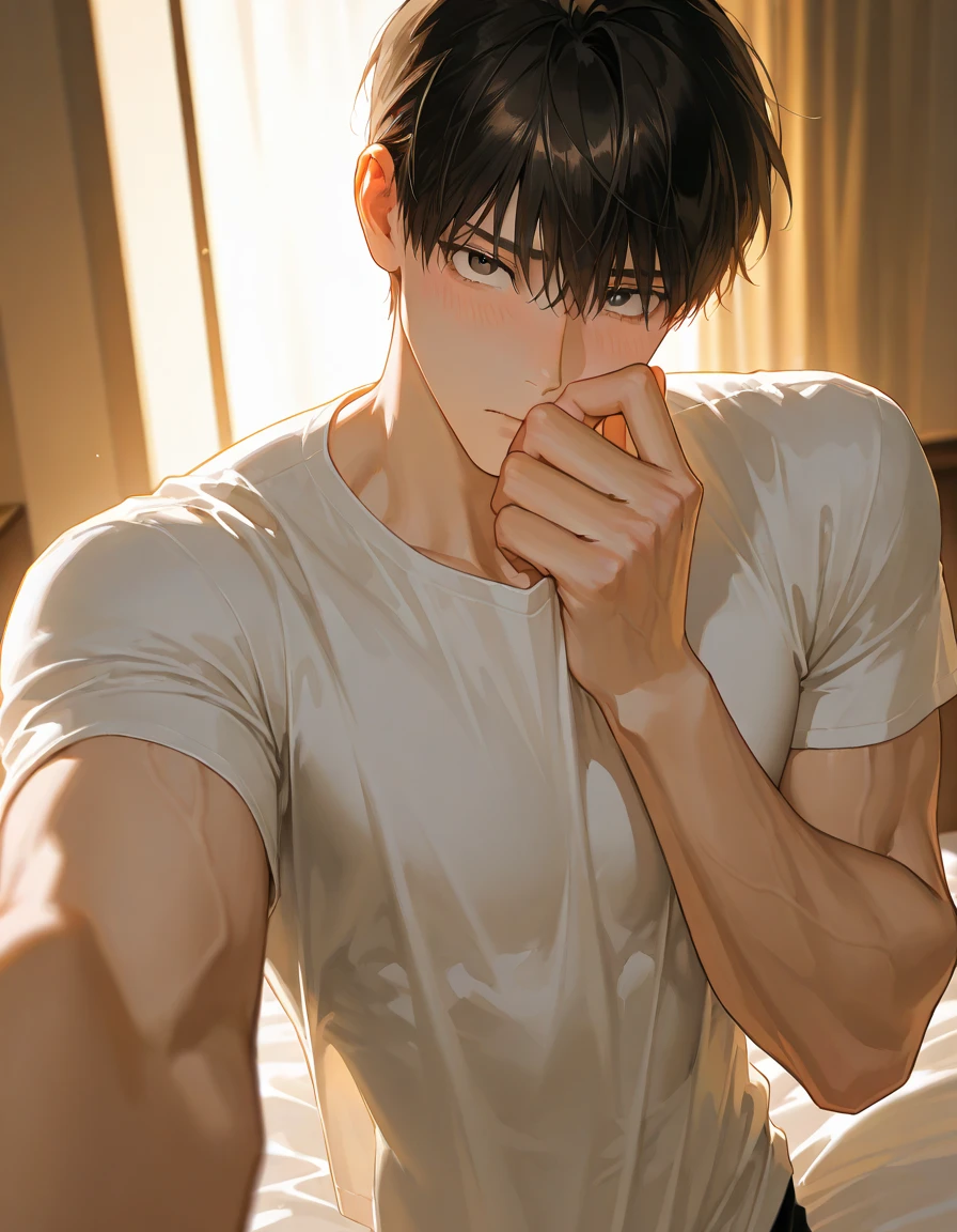 a happy muscular boy with short black hair in a shirt his arm is pricked by a needle injection in the hospital