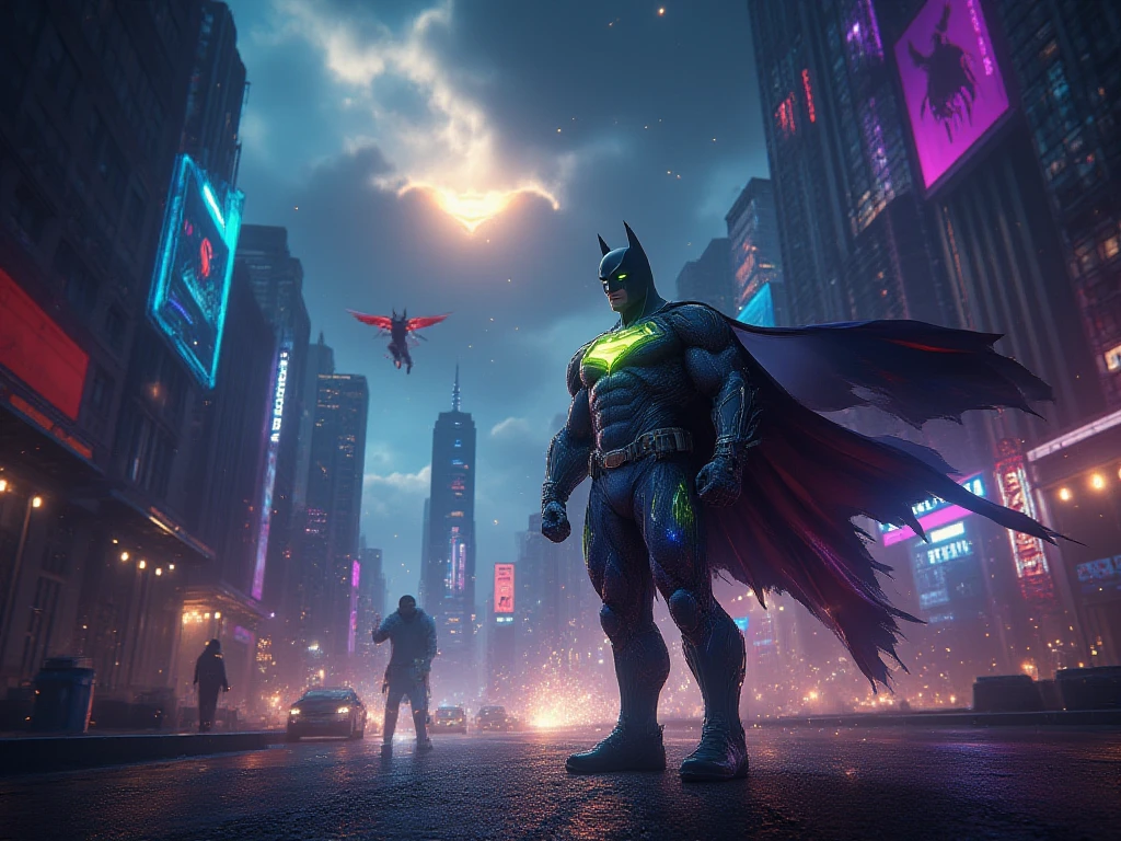 batman the tell - tale game screenshote, cyberpunk batman, hero pose colorful city lighting, in front of a sci fi cityscape, wakanda, master chief in cyberpunk city, nighttime in gotham city, 8k render”, in game style 8k, 8 k high detail concept art, 8k hd concept art, 8 k cg render, hd 4k game screenshot