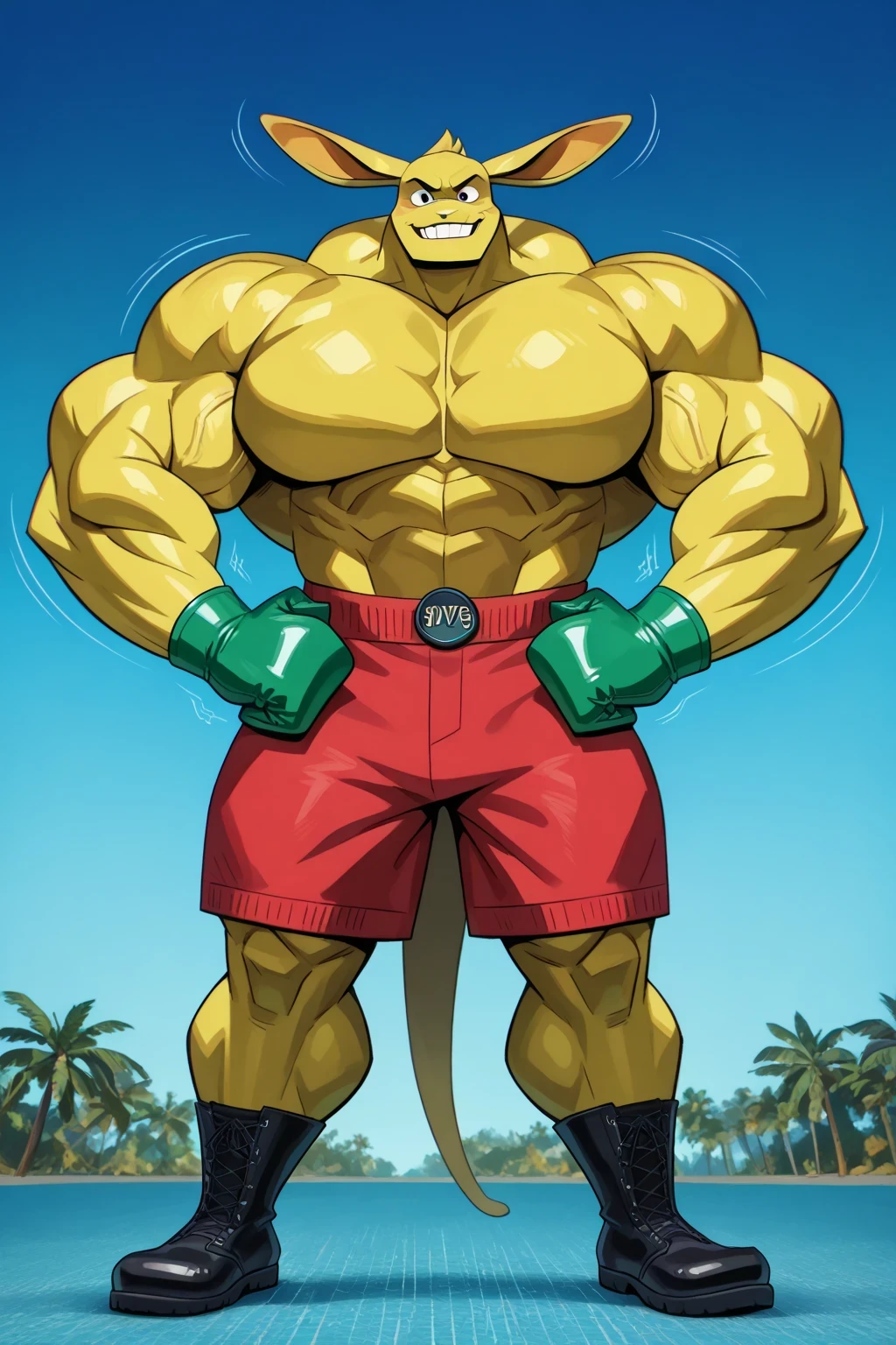 a giant muscles boxing kangaroo, yellow skin, green boxing gloves, red shorts, bigger cartoon eyes, big ears, big feets, black boots, muscular body, full body, macro size, giant size, 50-foot size, 100-feet tall, hypercartoon, 4K, 8K, 24K, intricate details, photocartoon, studio lighting, hands on hips pose, muscular build, powerful smile expression, dramatic lighting, lush jungle background, blue day sky background, dynamic motion blur, cinematic composition, saturaded color palette.