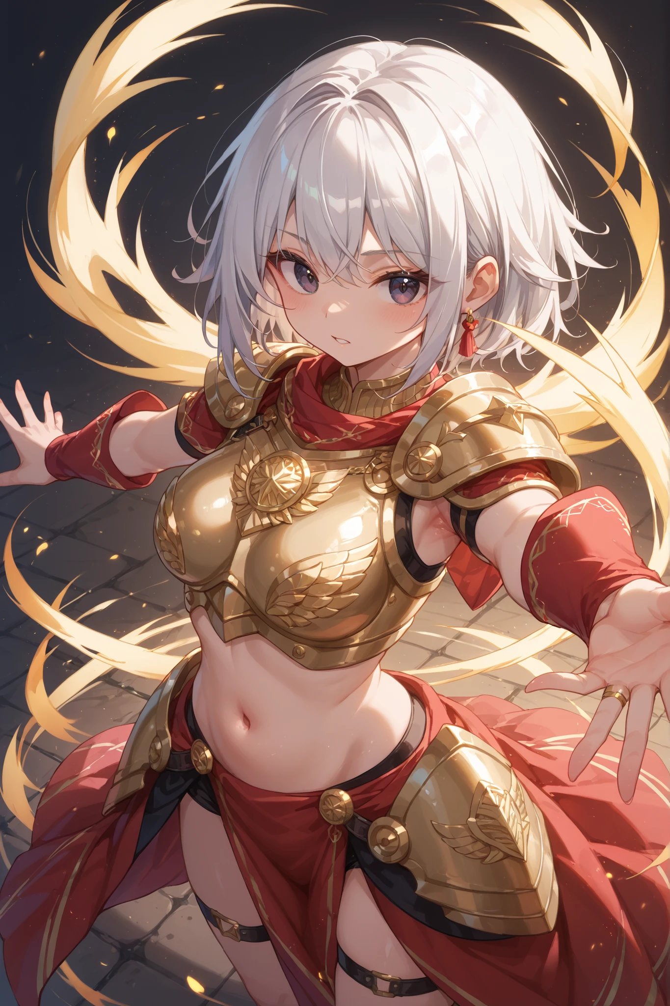 Bird's-eye view、 in detail、top quality、Dynamically、Girl with short silver hair、The bangs are divided at :Divided into 3 positions、The girl is 25 years old 、dark eyes、goddess、 gold armor、sleeveless、Belly button、white miniskirt、gold trim、standing with legs outstretched、has a clear expression、Cool appearance、Rin々A good appearance、light element magic