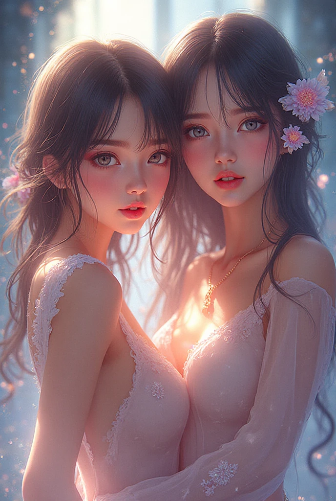 , masterpiece, best quality, ultra detailed, ((only two mature beautiful lesbian women,  between only two women, , hugging from back)),
A shy look, Half-open mouth,  glistening with sweat,  and , in the forest, 