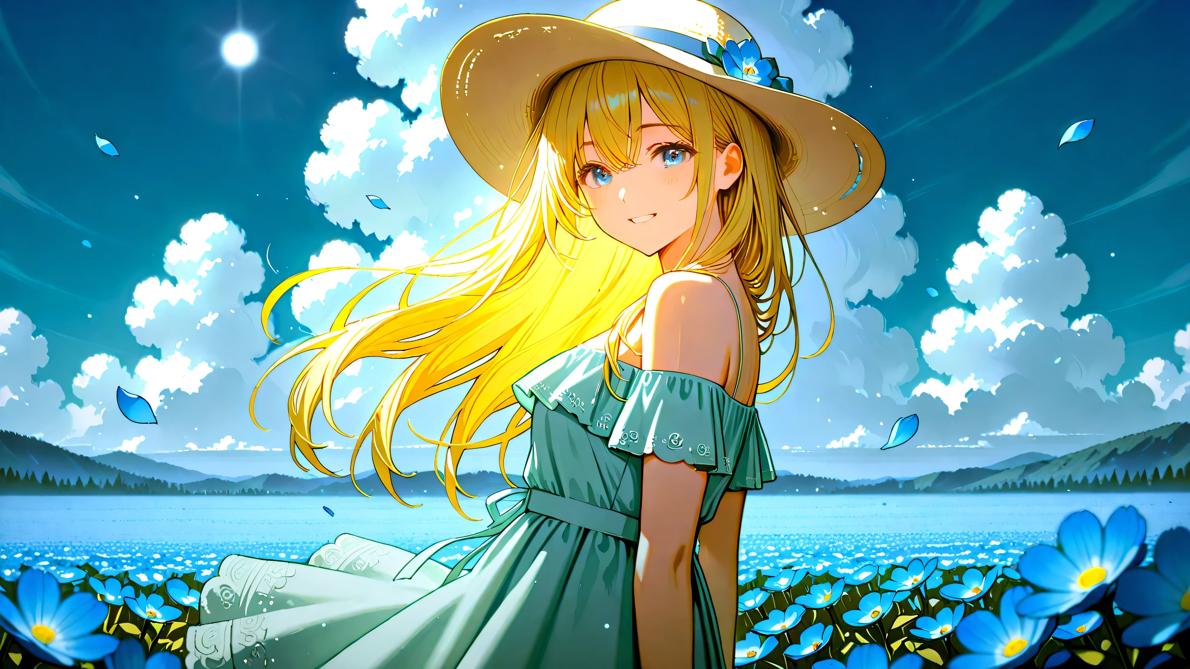 masterpiece, best quality, beautiful detailed eyes, **bust shot**, 1girl, young woman, blonde hair, long hair, **happy smile, looking over shoulder, looking back at viewer**, big white sun hat, white frilled off-shoulder dress, light blue ribbon, surrounded by blue flowers, nemophila field, blue sky, white clouds, scattered blue petals, brilliant light, wind blowing, clear focus, high resolution, fantasy art, cinematic lighting, (depth of field:1.2), soft shading, high saturation