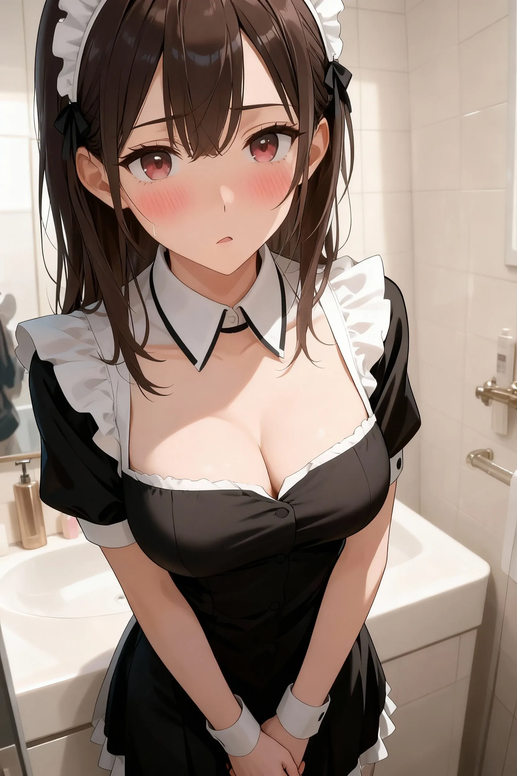 1girl, masterpiece, best quality, highly detailed, (illustration), brown hair, long hair, low ponytail, braid, parted bangs, looking at viewer, glossy lips, lips parted, perfect lighting, maid, cleavage, short skirt, high heels, city street