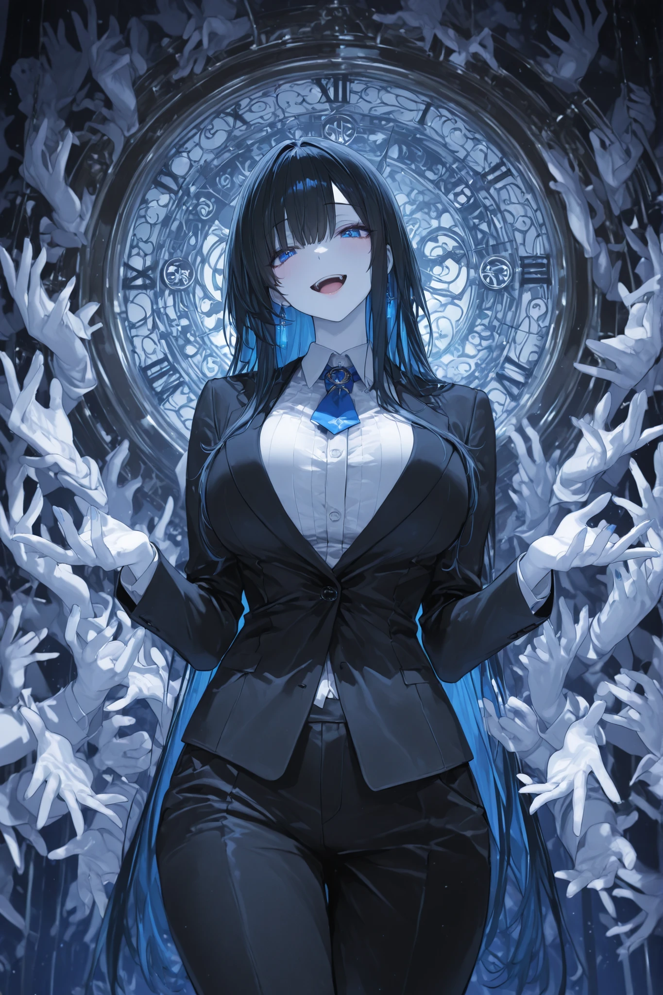((top quality)), ((Masterpiece)), ( details), animation、top quality、details、((Many hand)))、adult woman, black hair、blue eye、white skin、Facing the Front、god、open Mouth and smile 、(expand your hands)、black suit, (huge clock)