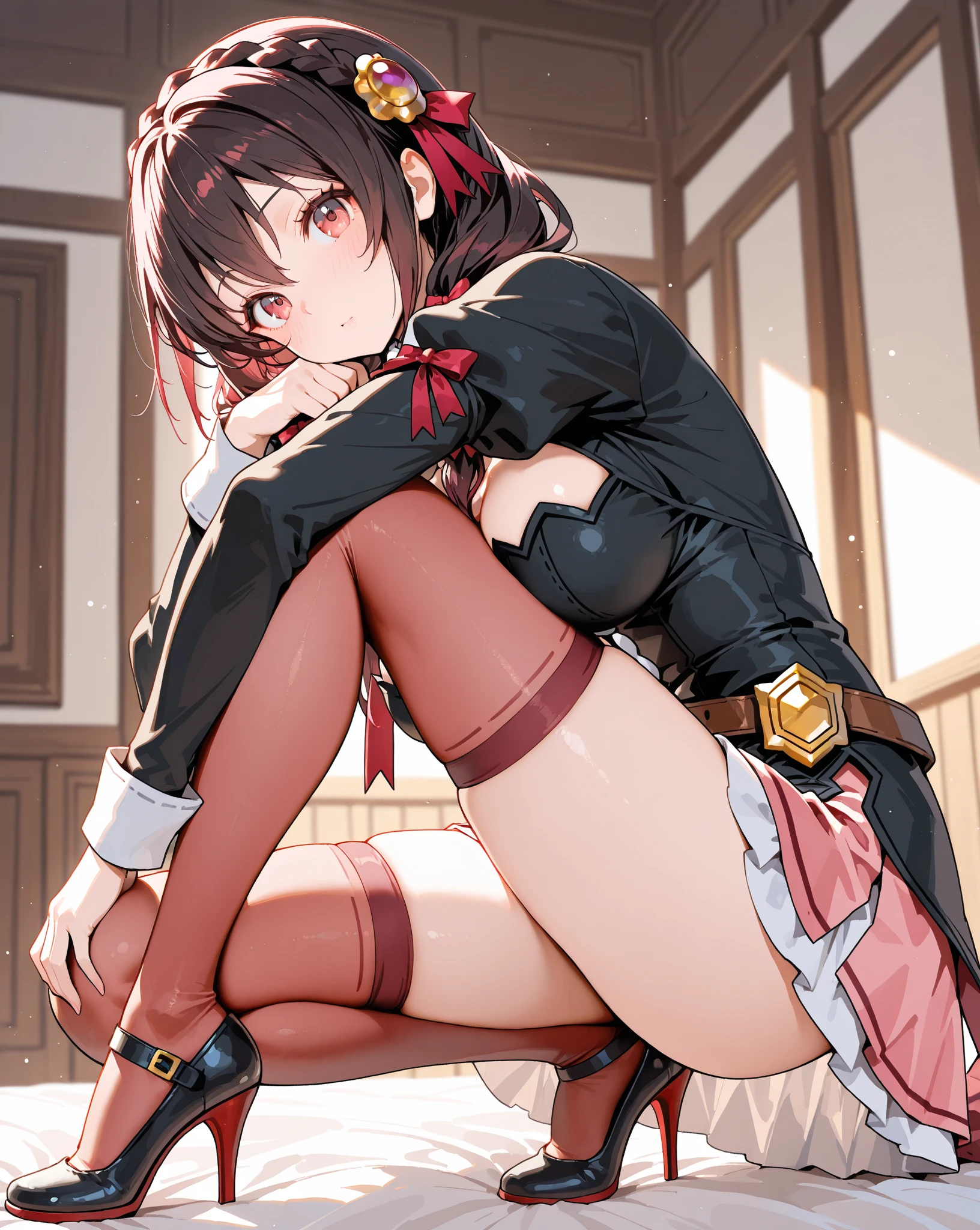 in love, masterpiece, 1girl, megumin's style,(()), female, 1boy, , moviment, rough, shocked, laying,(megumin),short_hair, (red_eyes),digtal art, blushing, shocked , missionay, bedroom, BREAK , bed, huge ,expressive eyes, , puffy, innocent,global illumination, hdri, subsurface scattering, masterpiece, 4k, raytrace, beautiful, sharp, smooth skin, bloom, anime, perfect face, night BREAK (gentle, feminine, delicate)
