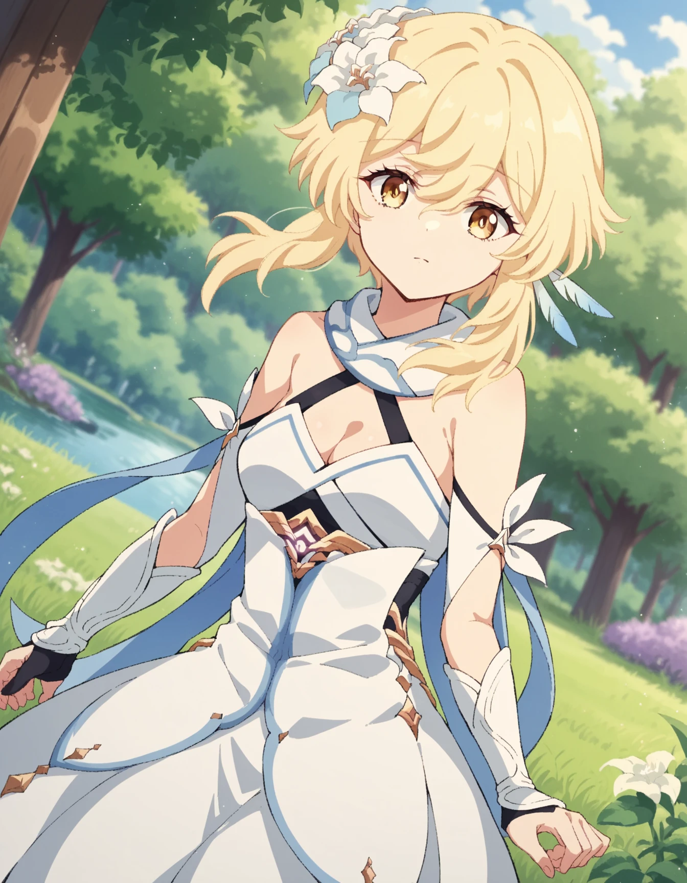 Top quality RAW photos in 32k resolution taken with Canon EOS R3, (From  above:1.15),(​masterpiece、top-quality)、Girl in white dress  to look at crotch, Summer steppe, a blond, ,  A smile, Do a tongue piercing,Refreshing,beautiful anime girl squatting, Anime girls show off their crotches,Spread your crotch, thighs thighs thighs thighs!!!, Beautiful fece,white cheeks, hugging her knees, thighs thighs thighs thighs!!!!!!, thigh closeup,  thighs!!!,