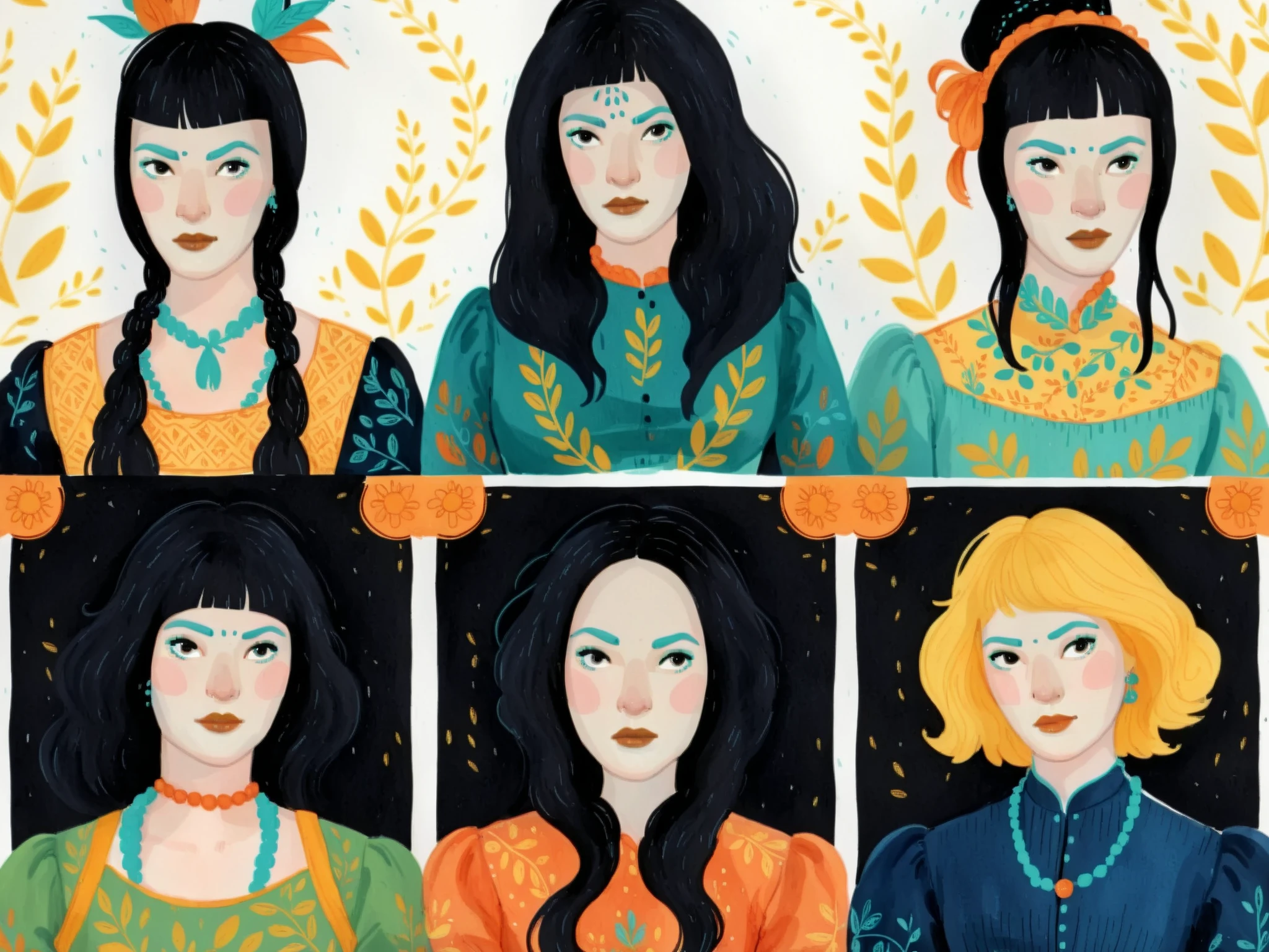 uma garota, black cabelo, pele clara e clara, rosto expressivo, olhos negros, campo longo_cabelo, wearing a vibrant campo longo peasant medieval dress, roupa detalhada, sketches, thick painting detailed in gouache, illustration, no estilo gougoupaintleaves:1.5, novuschroma04 style