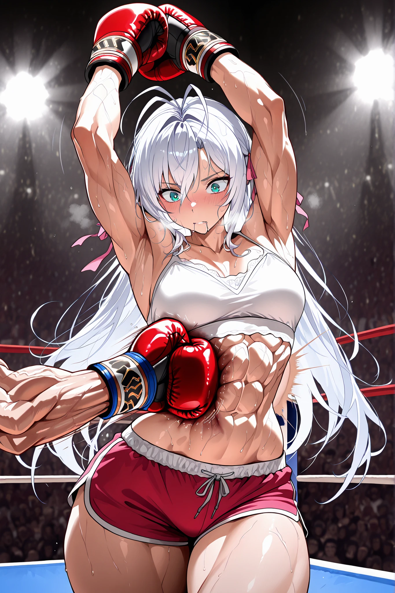 RossweisseSuit,long hair, white hair, antenna hair, aqua eyes, hair ribbon, pink ribbon,,masterpiece,best quality, boxing, 1girl, tonned abs, tonned abdominal muscles, tonned body, slim figure, slim body, hourglass figure, hourglass shaped body, wide hips, thick thighs, thin waist, sweat, sweating profusely, thighs, armpits, belly, knees, legs, biceps, red boxing gloves, red dolphin shorts with white lace, white sports bra, strap, camisole, plunging neckline, boxing ring,, standing infront of the corner post of boxing ring, audience, 6pack abs, upper body focus, heavy breathing, front view, looking forward , , arms up in the air, stretching , blushing ,belly punching, a black fist punching the stomach, saliva, pained expression, belly punching, bruised stomach, bruised abs, belly punching