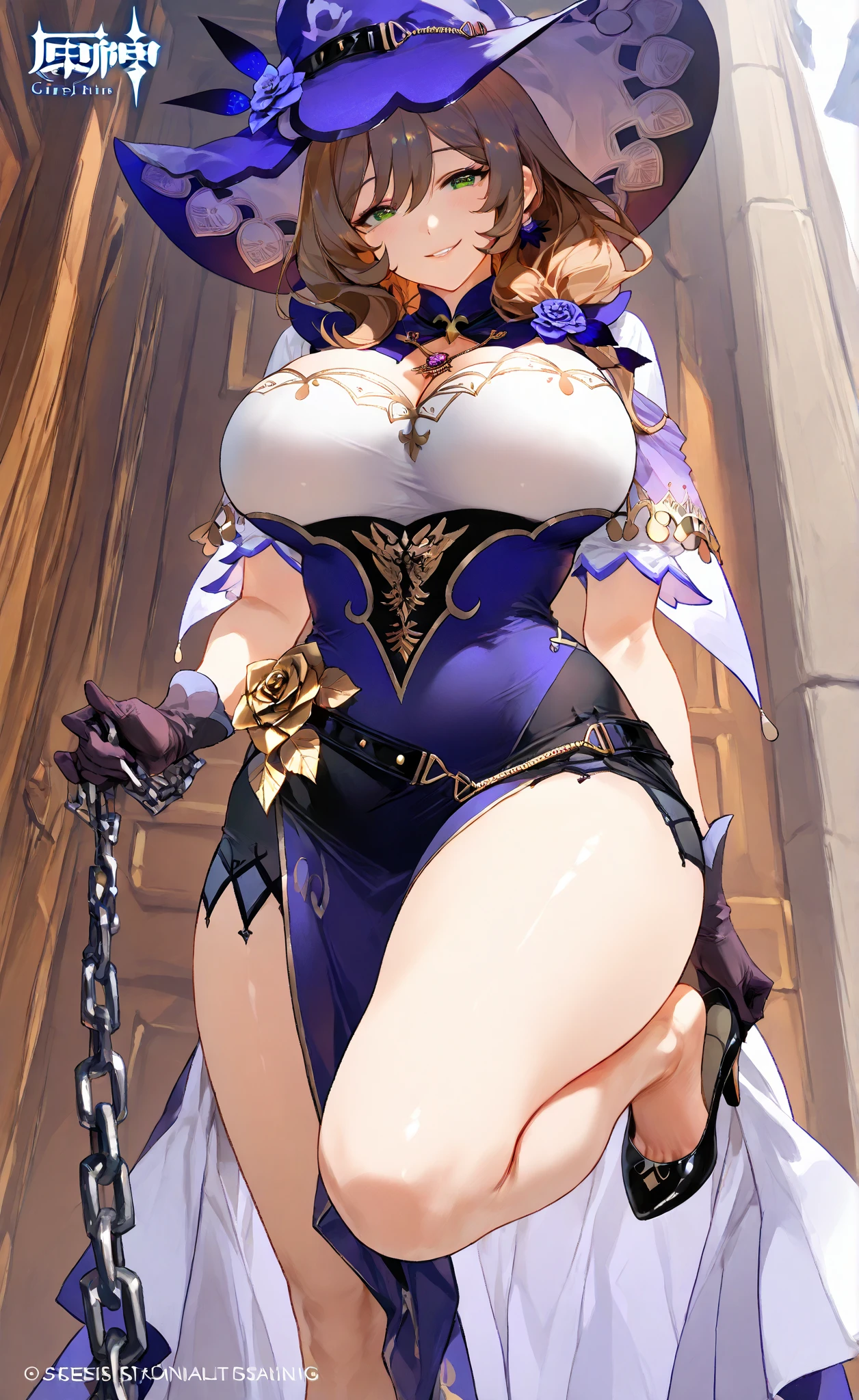 1girl, solo, ((1girl)) full body, standing, grey skin, drow, elf, mature, detailed happy face, purple eyes, white hair, black bikini, abs, big knockers, golden chain collar, stomach tattoo (red tattoo)