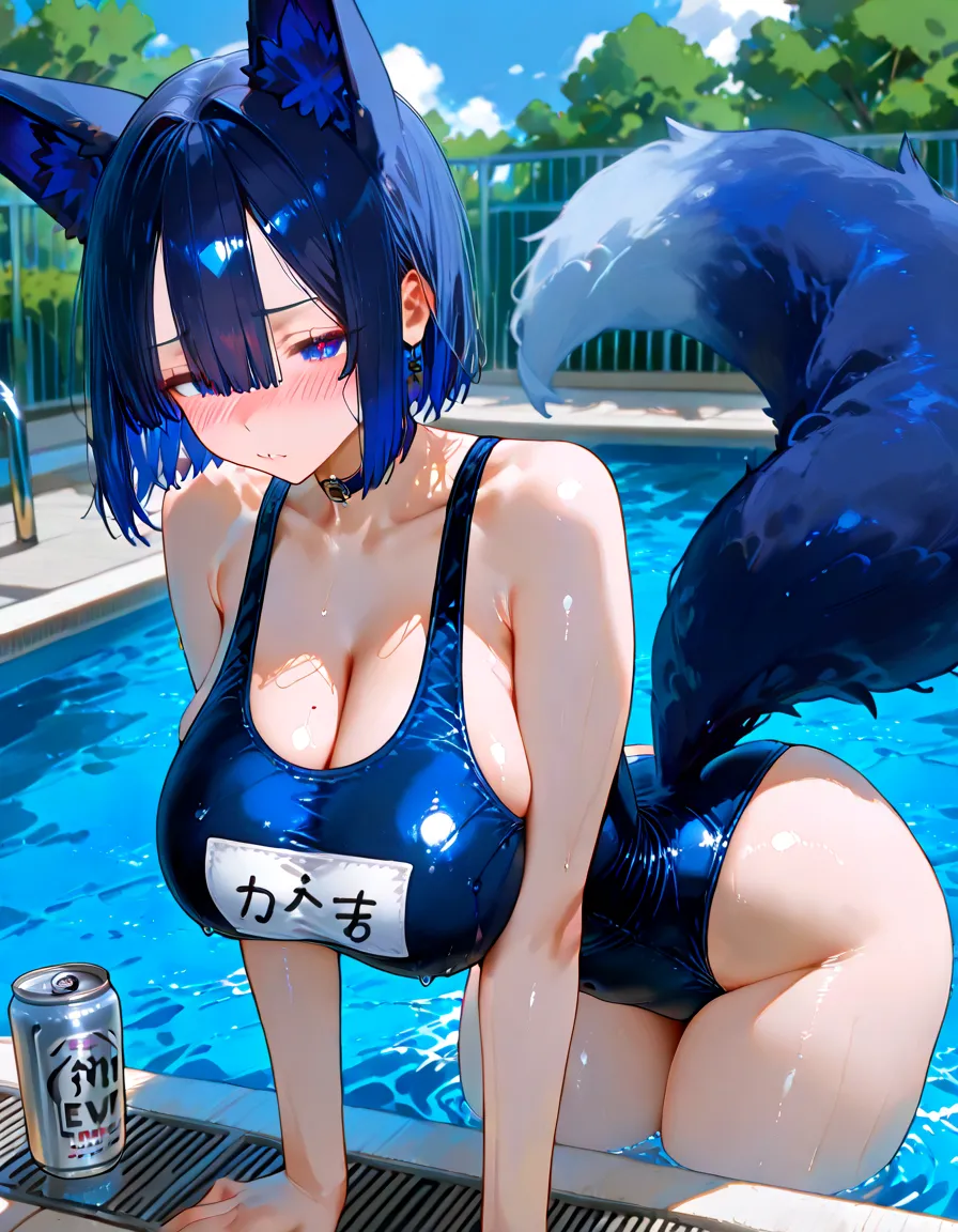 shark girl,furry,Cute Moe,,Good quality,Good resolution,run to exercise,park,black  swimsuit,The weather is hot, sweating,  arousal.,Sunbathing,Good light and shadow details,shade,