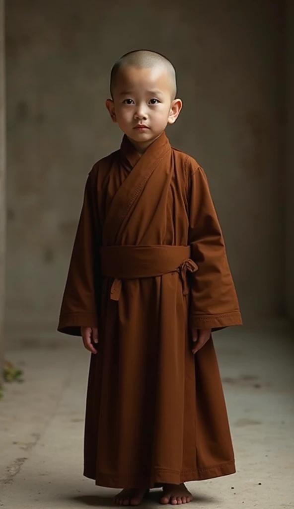 Asian child in brown Buddhist robe，sitted，Buddha beads in hand，bald，Fat and round face，Handsome，Have a well-proportioned figure，clothes with embroidery，high high quality，A high resolution，8K，chineseidol，Qing dynasty，Light orange and dark brown，