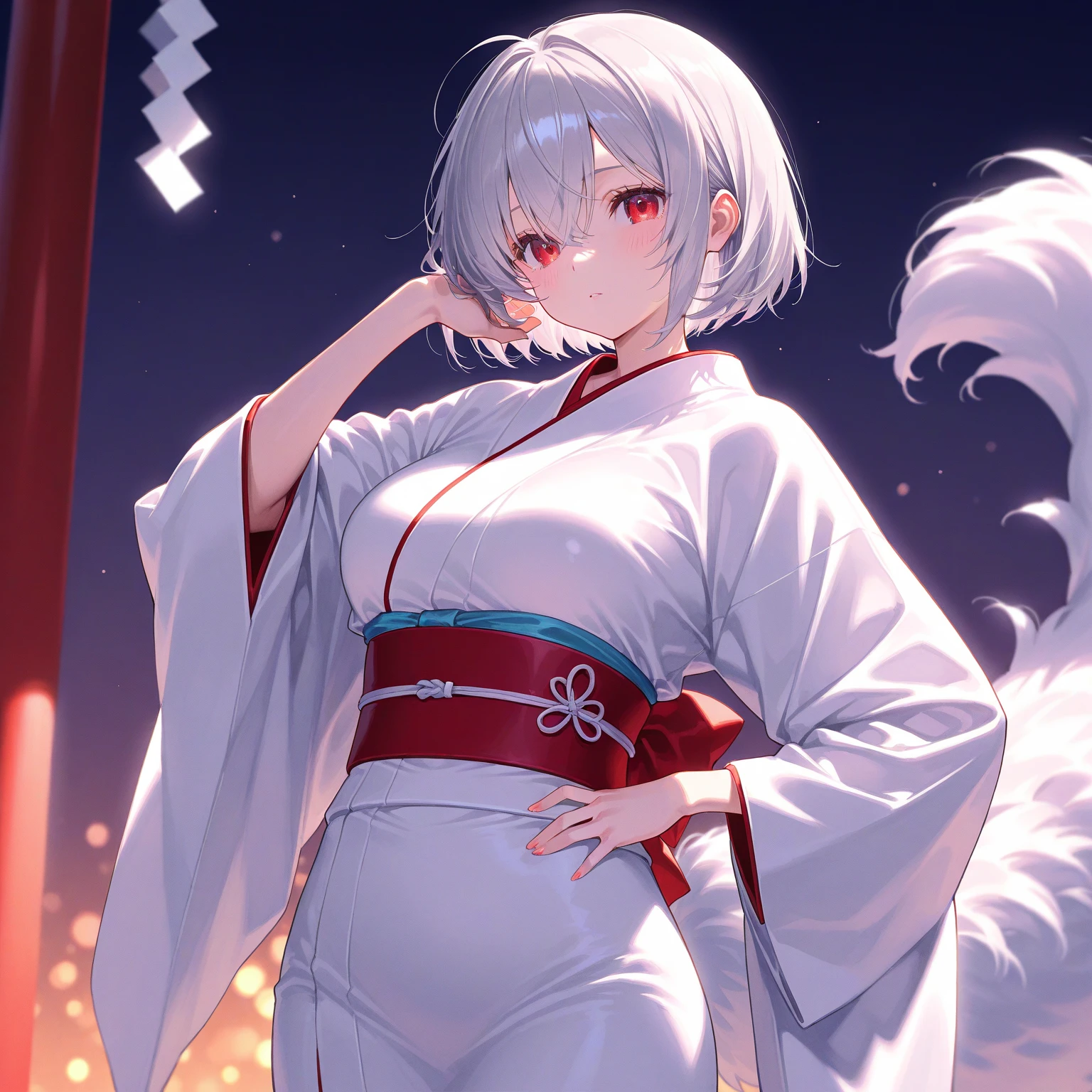 silver hair、 red eyes、 fox ears、 girl、 small 、 ponytail、 girl、 small 、Bright smile、Good physique 、Flat-chested 、 girl、 he's short、kimono、fluffy tail 、Thighs、 short hair jacket with shining eyes