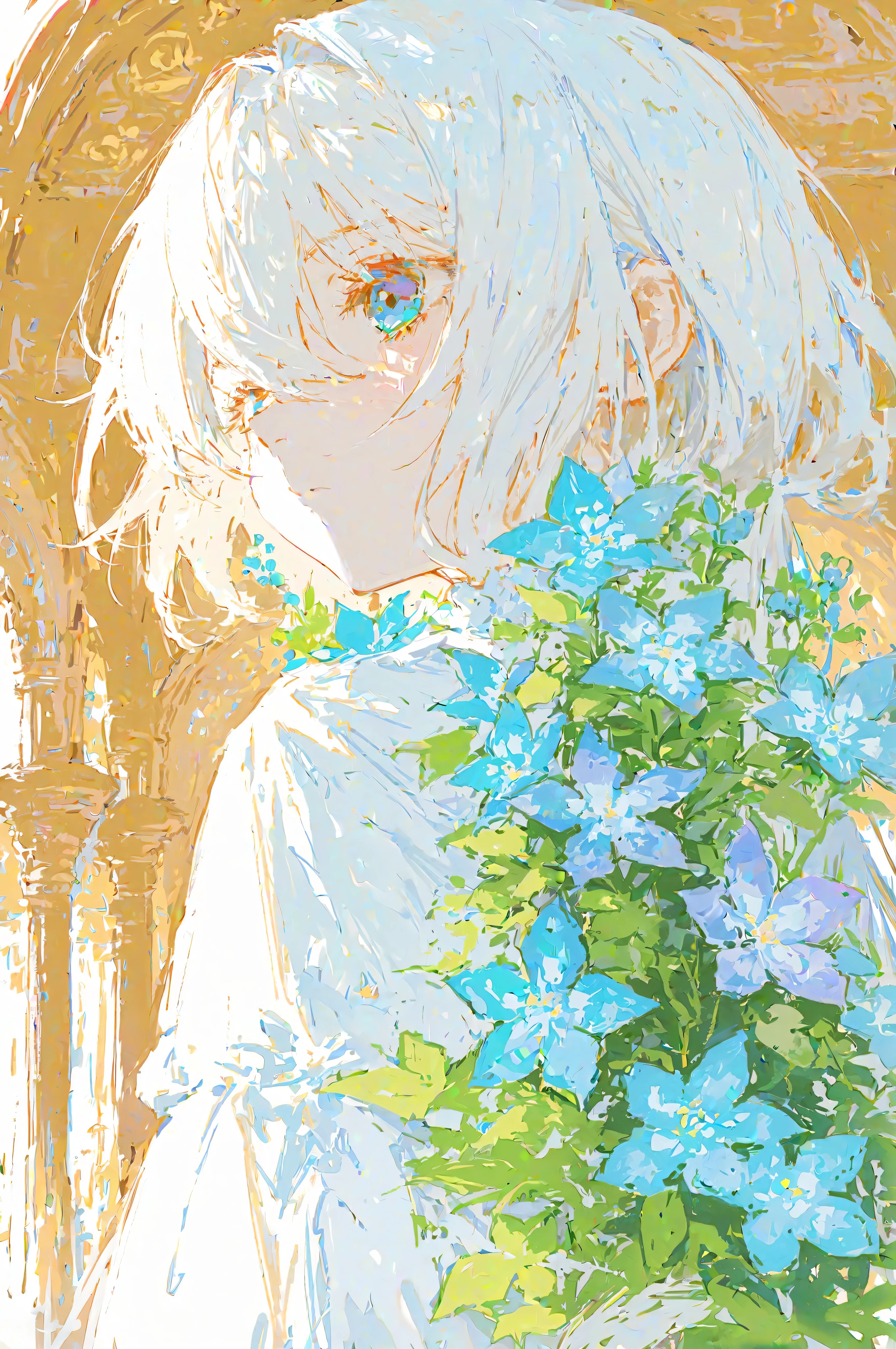 top quality,masterpiece,absurd,Newest,(The rich structure of the story:1.3),
In a quiet and graceful scene、A blue-eyed woman with long blond hair, fluttering hair. Her hair is adorned with delicate blue flowers, blends softly and seamlessly in a quiet and graceful scene, watercolor style background . Women are thin, I'm wearing flowing clothing。. The background consists of softly blurred blue and white floral patterns, dreamのような静かな雰囲気を作り出しています,drawn by Claude Monet,(colorful,cute,sexy,dream