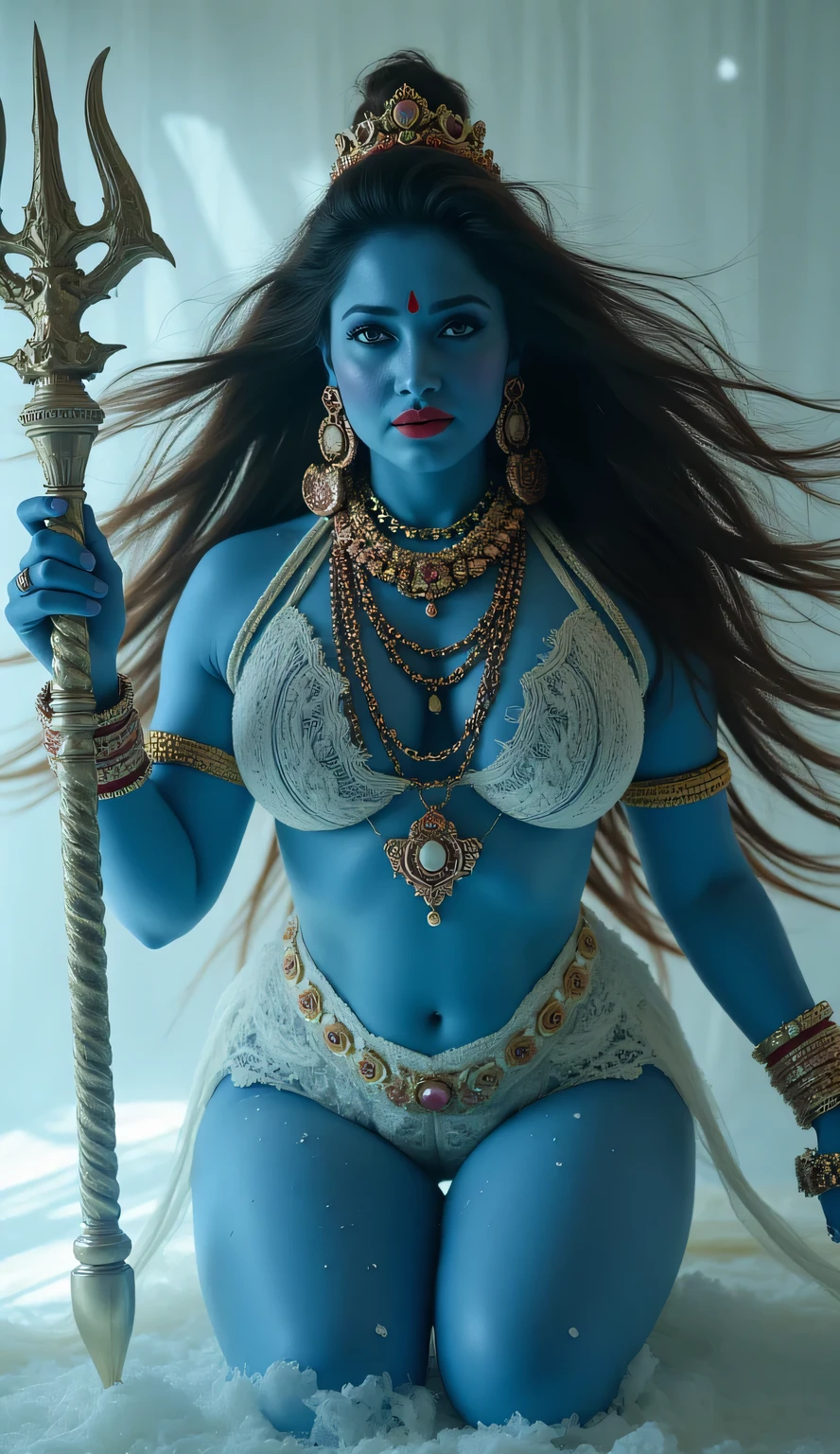 A hindu milf, goddess,hindu goddess,ma kali, angry ma kali,blue skin tone, giving blessing to viewers,,as mata paarvati, holding trishul,goddess attire, her brest size is 32, white lacy bikini, red high heels, red glossy lipstick,formalin powder on her head and face,rose gold mala on her neck,with three horizontal white Tripundra lines made of vibhuti on her forehead