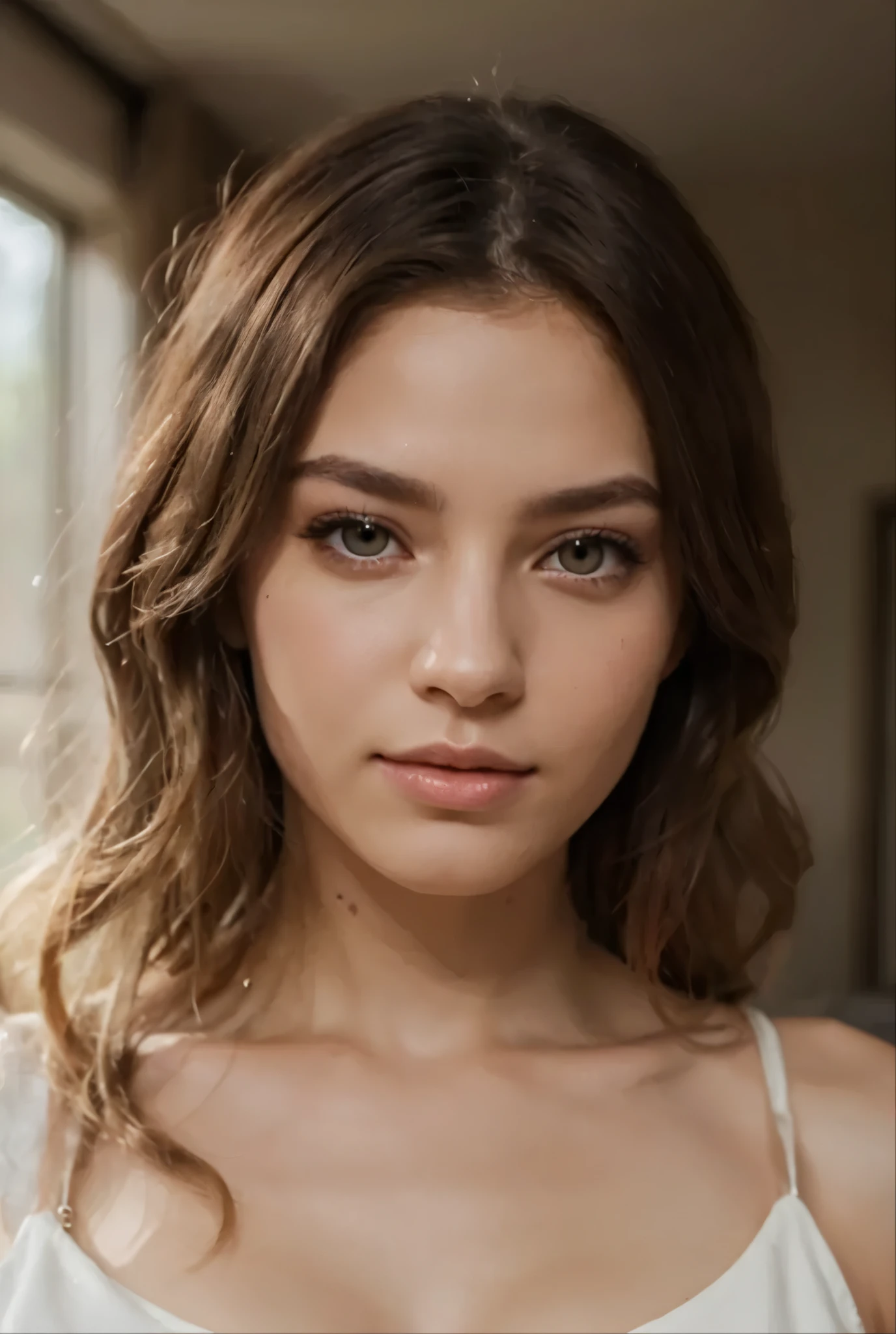 A 24 years old Eastern European woman, diamond face shape, almond-shaped eyes, soft arch eyebrows, innocent gaze, small nose, full lips, long wavy brown hair, average body, average breasts, normal butt.