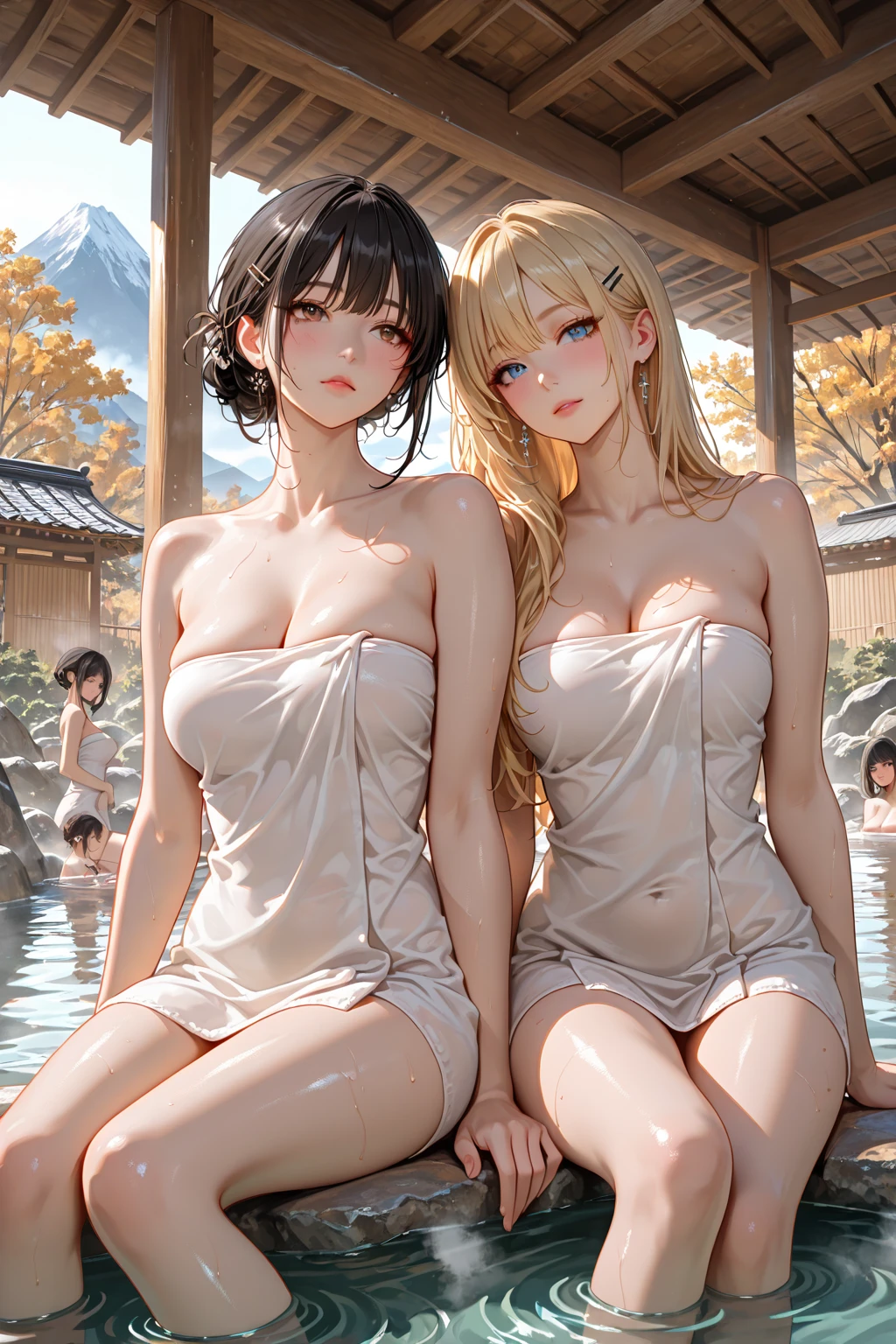 Duas deusas ，((Beautiful and delicate collarbone))、((Nudez bonita e detalhada))、((pelos pubianos detalhados))，Enorme teto，Take a dip in the hot springs，The  is close to the audience, And the expression is charming，