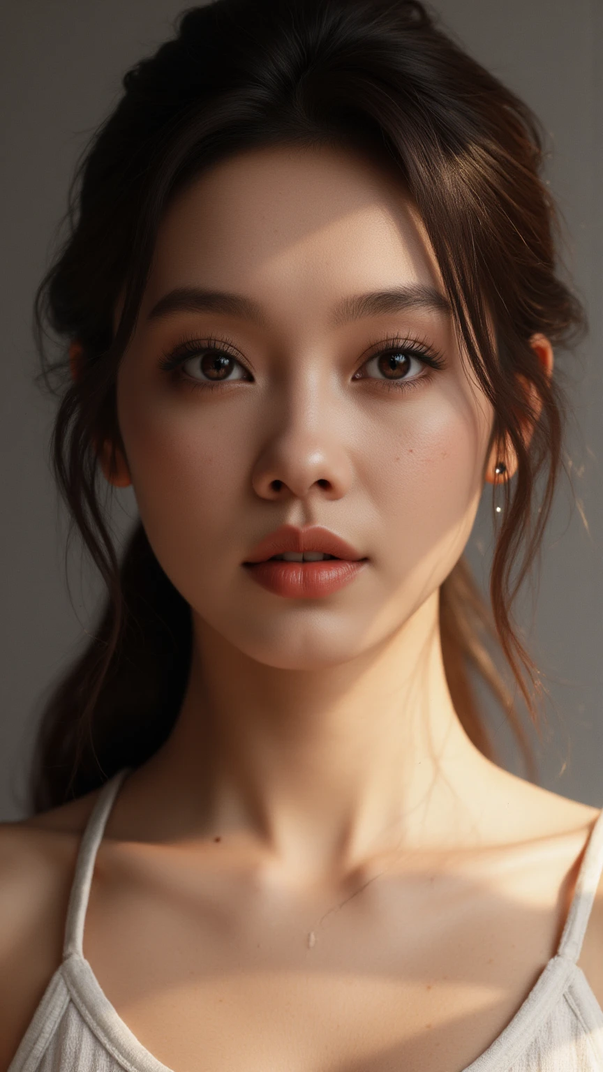 Photograph a 20-year-old girl in a half-body portrait,emphasizing the fine details of her appearance. Utilize the high-resolution capabilities of a Hasselblad camera to capture the intricate textures of her skin and the flow of her long hair. Choose a simple yet luxurious solid-colored background to draw attention to the subject. The lighting should be crafted to accentuate the contours of her face and the natural sheen of her hair,making every detail pronounced and vivid. The overall composition should convey a sense of elegance and refined beauty,focusing on the unique features that make her portrait stand out,