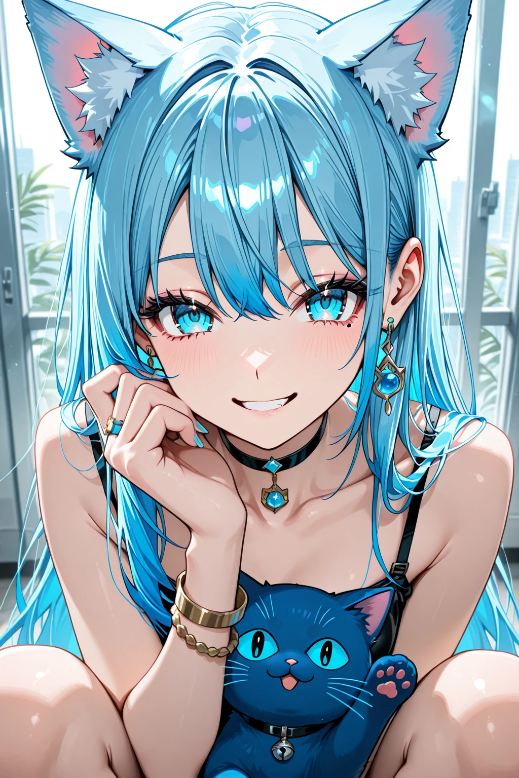 Close up, upper body, 1 girl, smile, wolf ears, wolf tail, random eyes: 10, hair between eyes, split color hair: 5, (((Colorful hair color: 1))))), (((Random hair color: 1)))), Colorful hairstyle: 5, Striped hair, Long hair, hair end jewels, (Cute random Cadeza tank top: 5 random  figure in 5A: 15), super luxurious bedroom and cute interior with jewels, AI: 5, (on the bed: 15), sit in, embarrassingly look at the viewer and laugh, blush, night landscape,