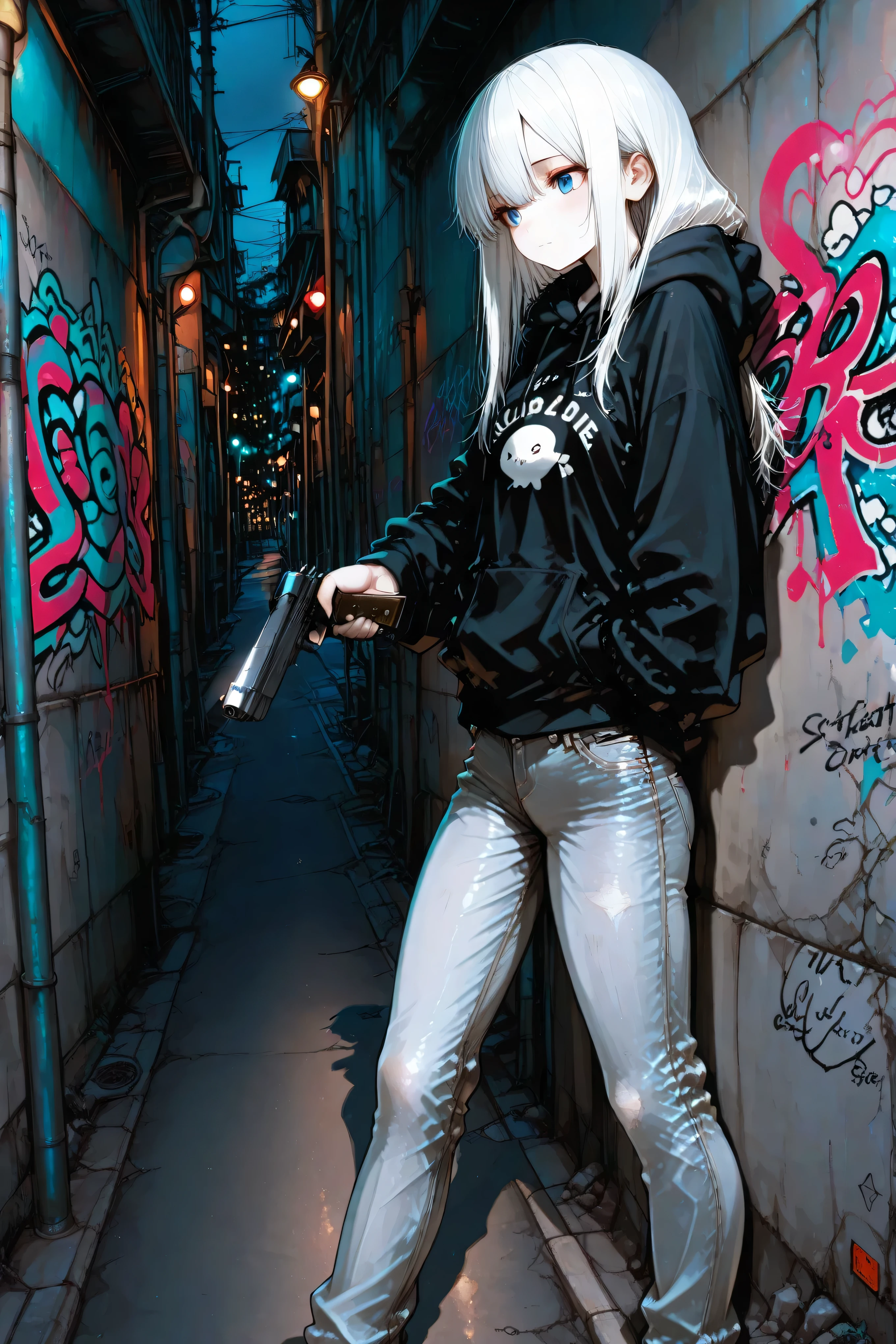 masterpiece, best quality, photography, ultra high resolution, faded color, an anime girl, cute face, slender body, clear skin, handgun, gun aimed, (Hold the gun with one hand), blue eyes, absolutely white hair, long hair, straight hair, black hoodie, long jeans, graffiti, urban, slum, night, night time, concrete wall, shadow, detailed eyes, cute eyes, street light, grayscale
