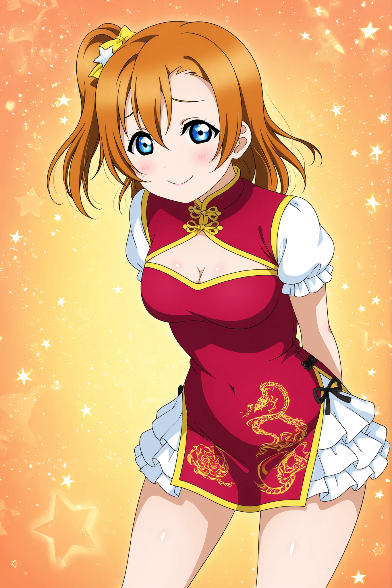 Love Live official artwork,professional art, highres, hdr, shiny skin, soft directional lighting from right, solo, beautiful,cozy , ahoge ,(pink lipstick:0.7), kousaka honoka,red_cheongsam, mini_dress, puffy_sleeves, high_collar, star_hair_accessory, arms behind back, bent over, standing, looking_at_viewer, large_breasts, thighs, short_skirt, simple background