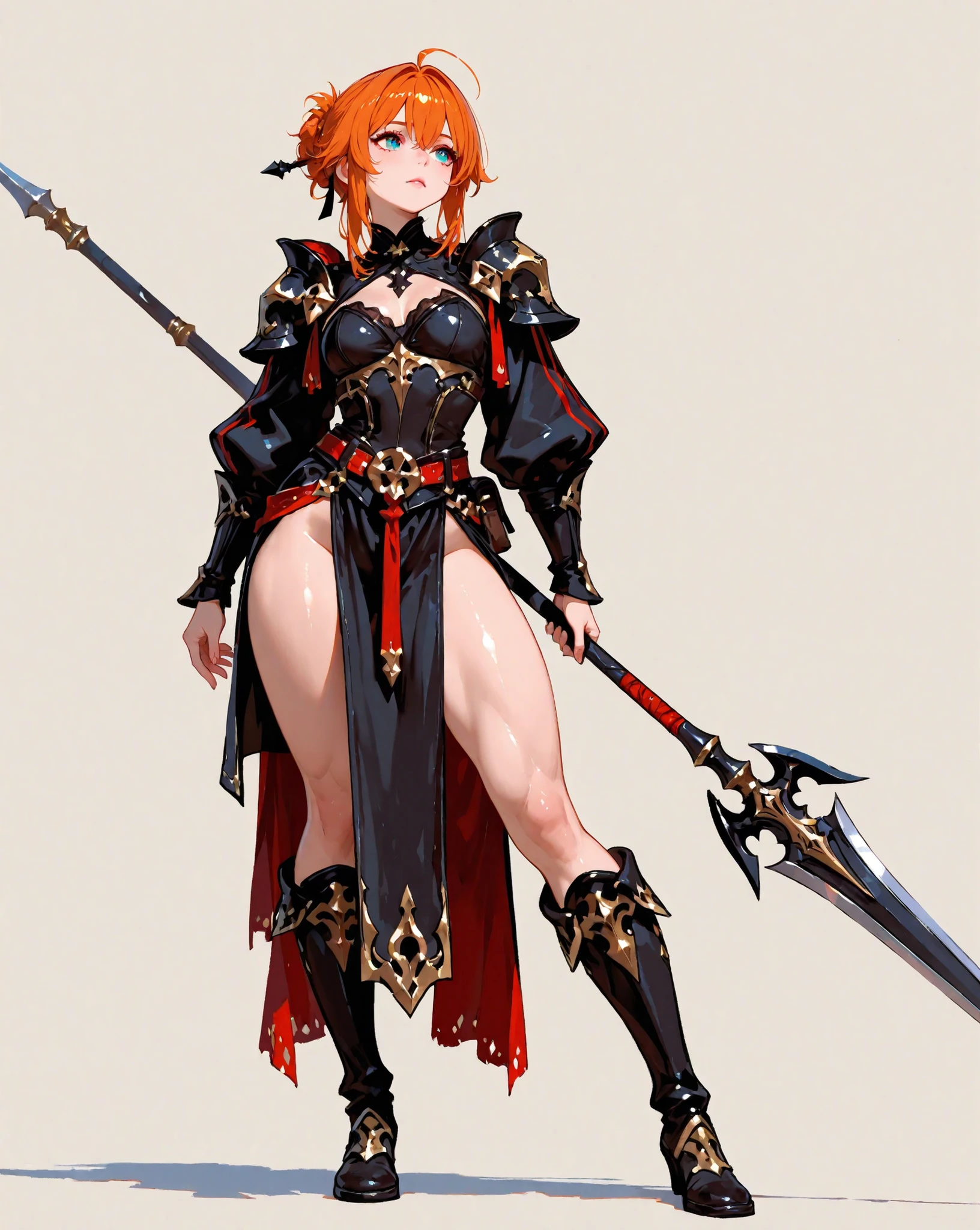 high image quality、Amazing Details、hair color random、Random position、Simple background、Wide shot,Dynamic、Toned thighs、Cloth clothes,Fantasy-style outfit、Lip、Spear