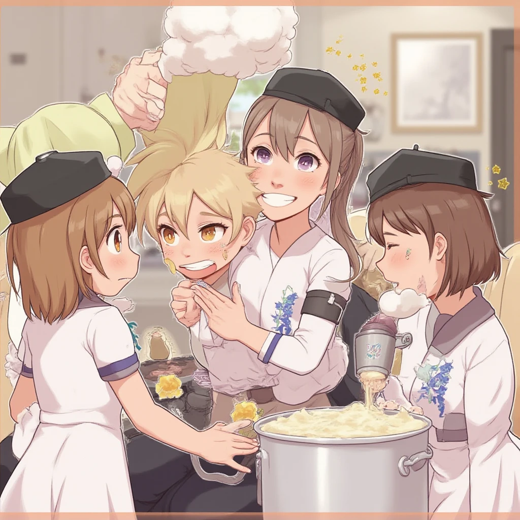 You are a professional illustrator。Please carefully check and draw the illustration according to the following conditions.。High school students enjoying their lunch in a crowded cafeteria、Delicate and beautiful anime face、Clear Eyes、Sailor suit、Braided short hair、