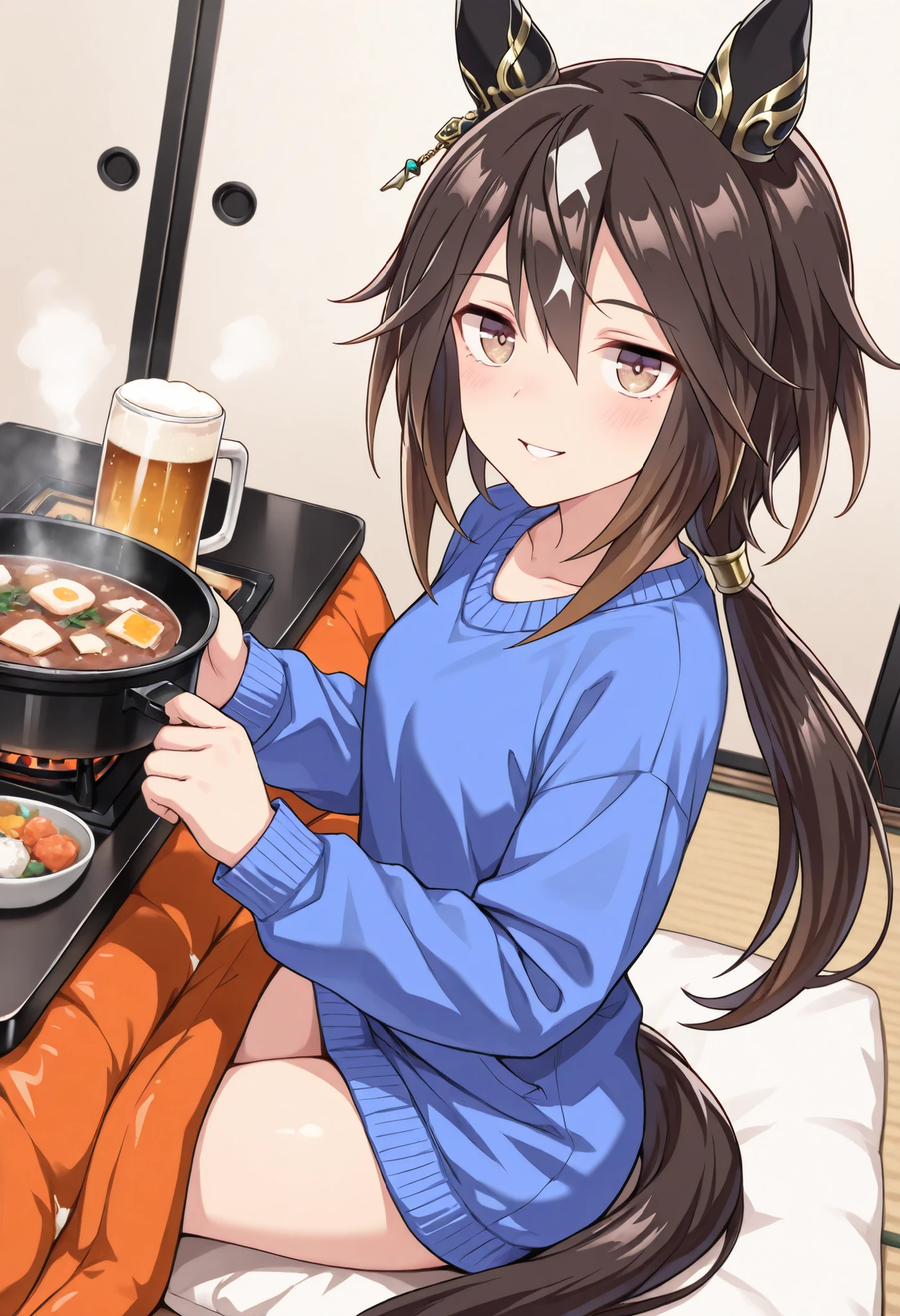 (masterpiece, best quality, perfect face:1.4), wide angle, stay gold \(umamusume\), black hair, multicolored hair, brown eyes, hair between eyes, white hair, low ponytail, brown hair, single ear cover, two-tone hair, streaked hair, small breasts, horse ears, horse tail, tail on the lower back, proportional body, proportional,1 girl, beautiful hair, beautiful face, beautiful detailed eyes, beautiful clavicle, beautiful body, beautiful chest, beautiful thigh, beautiful legs, beautiful fingers, looking at viewer, BREAK, winter attire, Kotatsu, Japanese hot pot dishes, drinking beer, Steam rises from the pot, BREAK, ecstatic expression, Ergonomically Correct Body, create perfect body lines, anatomically accurate drawing, hot body, accurate fingers, textured skin, realistic skin, HDR, BREAK, (perfect hands, perfect anatomy),