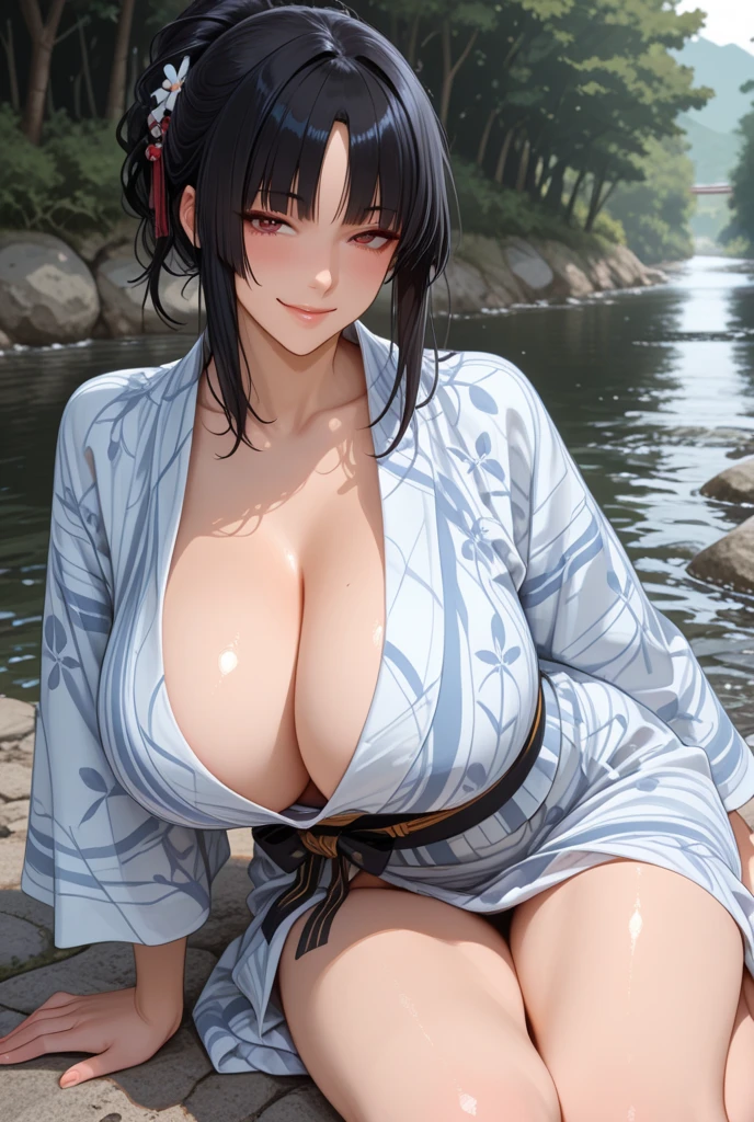 (Masterpiece, High Quality, Top quality, High-Detailed, Detailed CG, Cinematic Shadow, Cinematic Scene, Beautiful Detailed Eyes, Ultra Resolution, Depth of Field), Looking At The Audience, Looking At Below, (Blush Expression:1.2), (Smile Expression:1.2), ( Expression:1.0), Blue Eye, Silver Hair, White Hair, Short Hair, Five Fingers, Good Composition, Curvy, (Kimono:1.0), (Yukata:1.0), (Short-Skirt Kimono:1.2), (Short-Skirt Yukata:1.0) (), Thicc Thighs, Thick, Large Breasts, Huge Breast, Wet, Dark Background, Blur Background, Castle Background, European Building Background